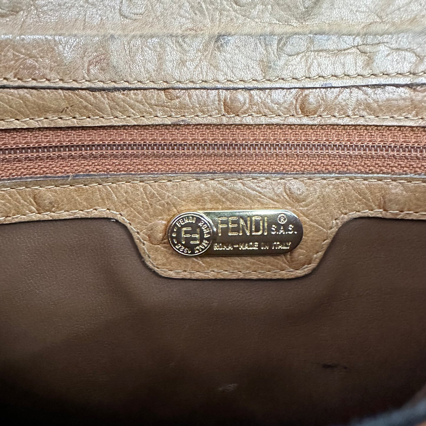 Vintage Fendi Ostrich Embossed Leather Shoulder Bag