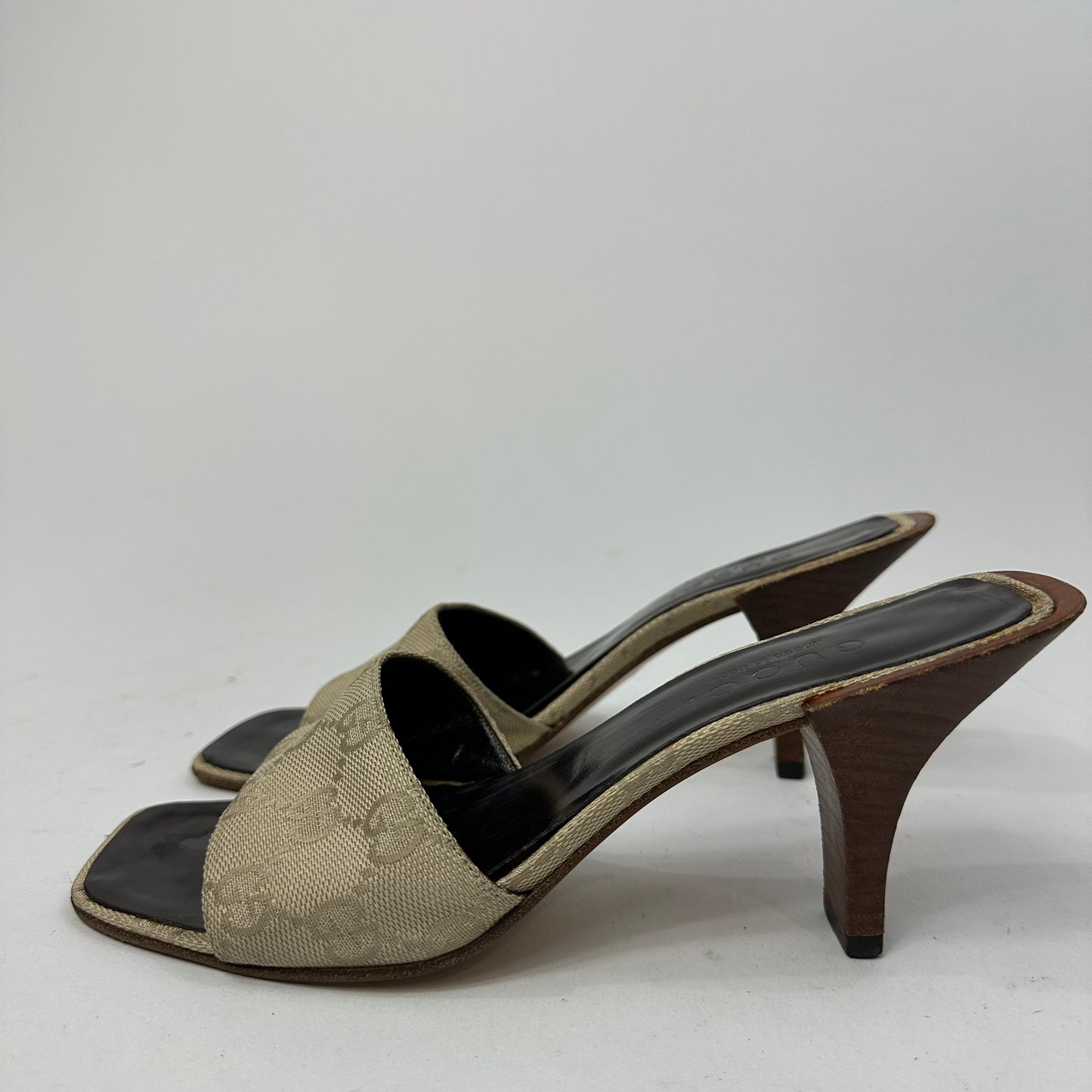 Vintage Gucci Monogram Canvas Wooden Heel Mules