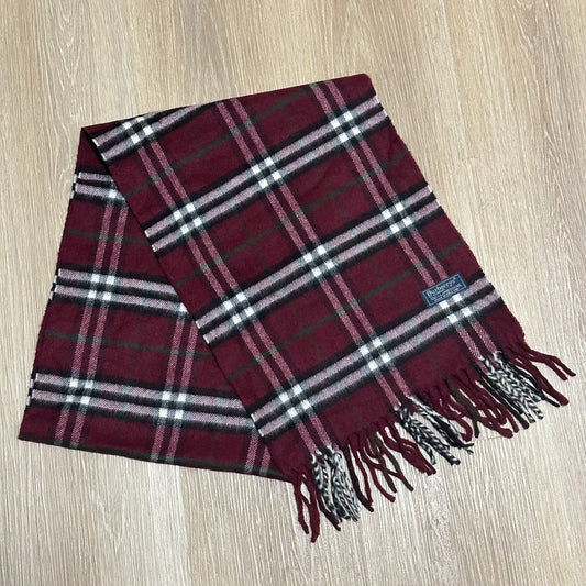 Vintage 90's Burberry Maroon Nova Check Wool Scarf