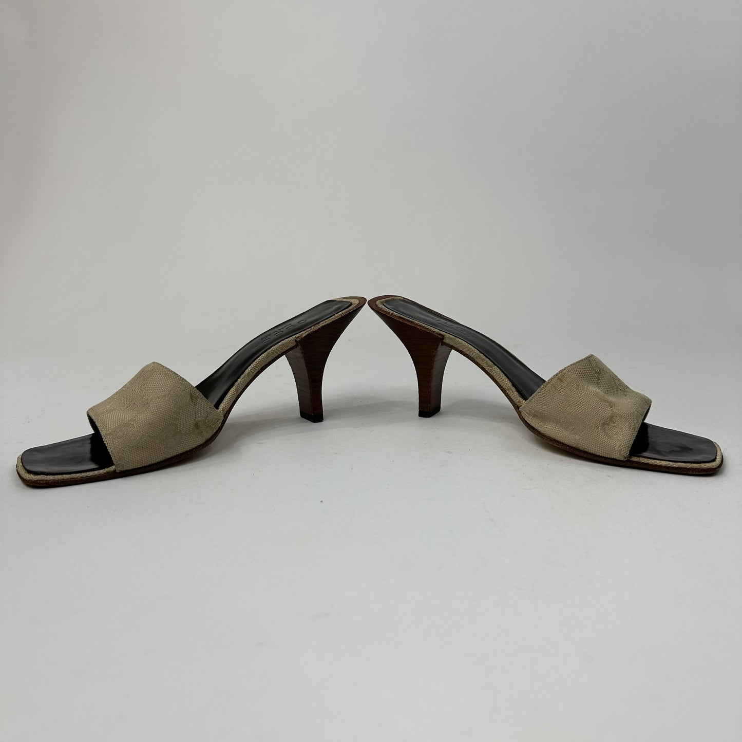 Vintage Gucci Monogram Canvas Wooden Heel Mules