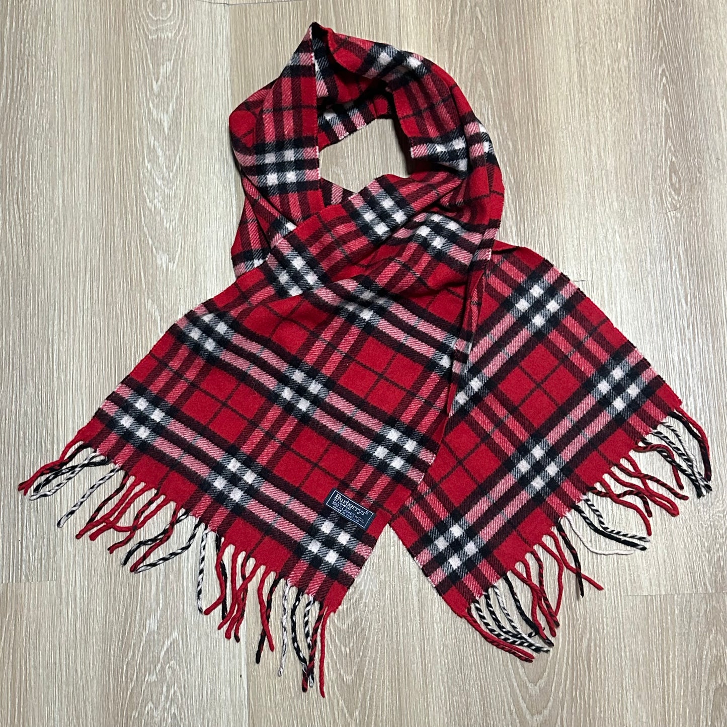 Vintage 90's Burberry Red Nova Check Wool Scarf
