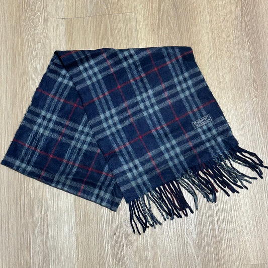 Vintage 90's Burberry Navy Blue Nova Check Wool Scarf