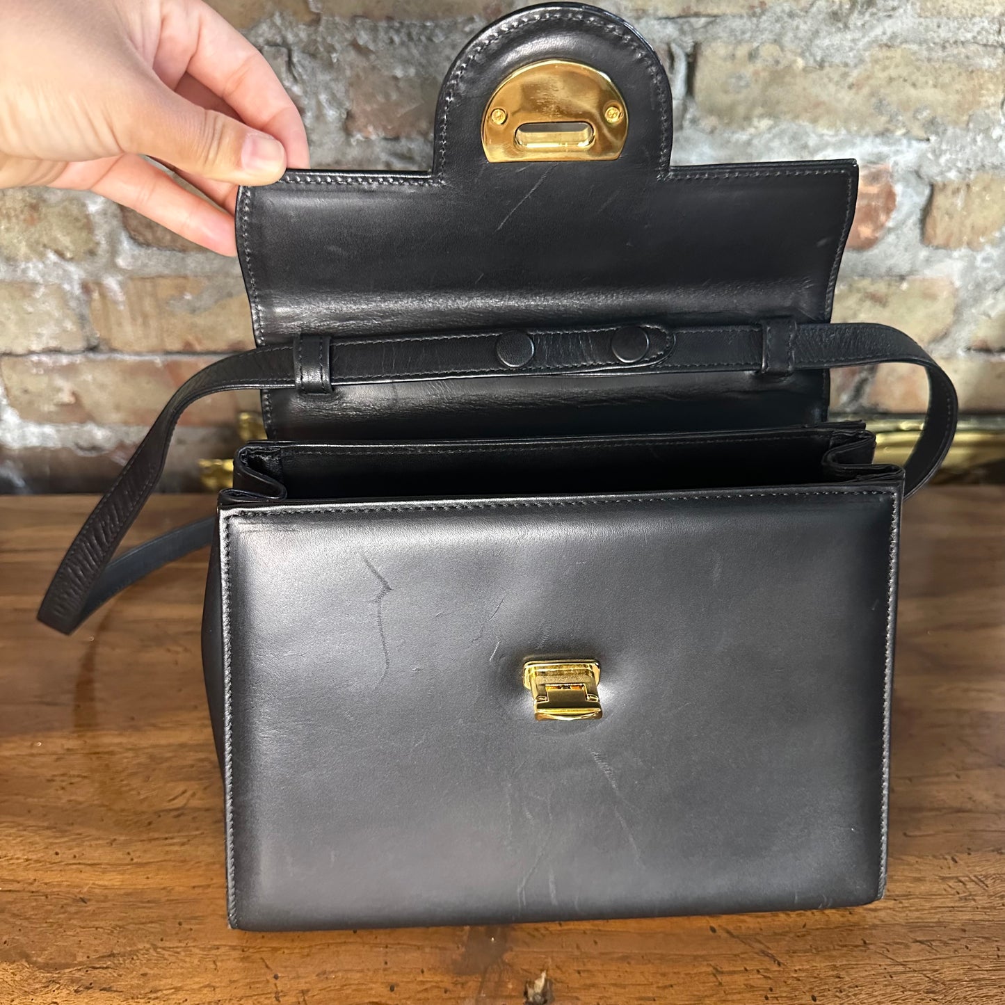 Vintage Givenchy Black Leather Top Handle 2 Way Bag