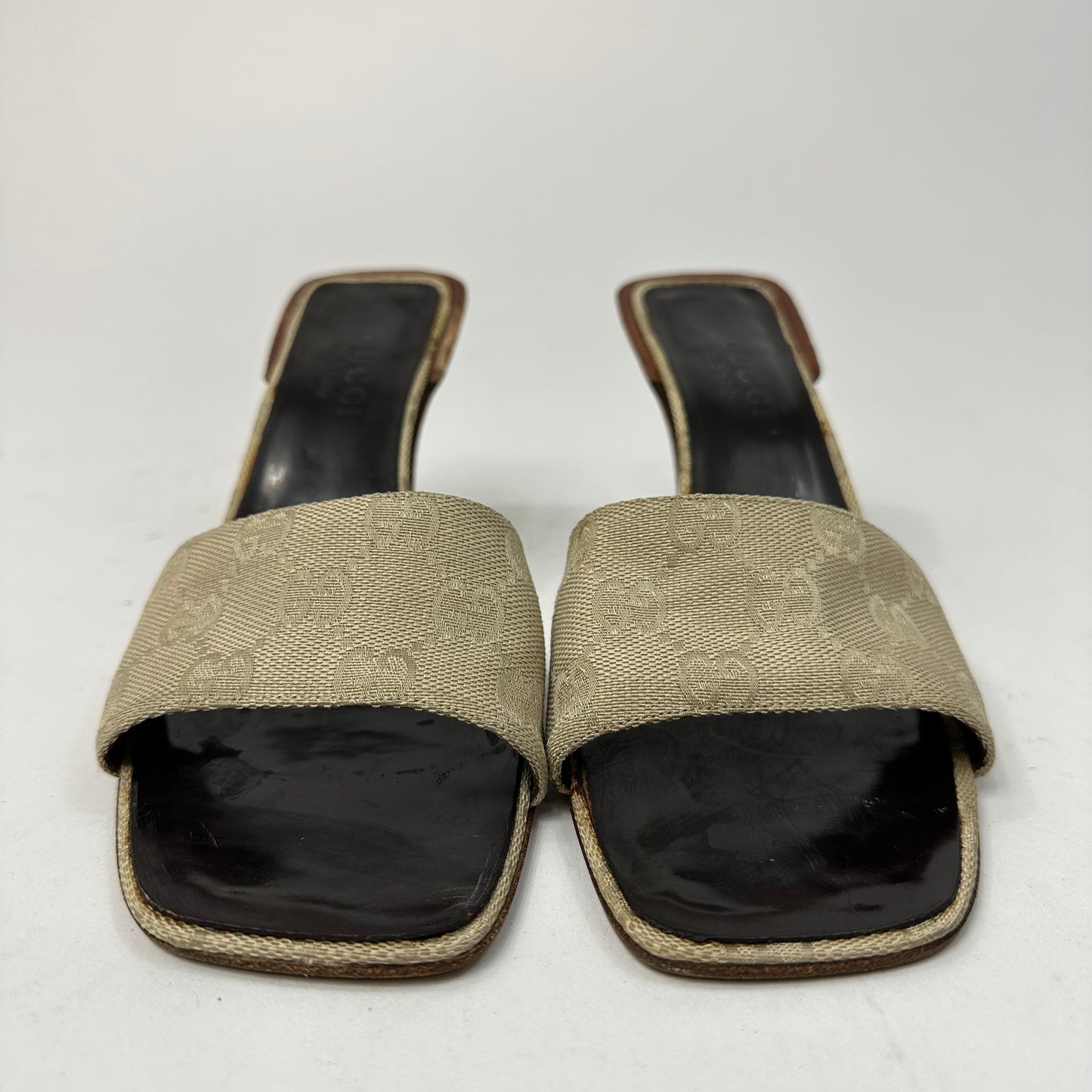 Vintage Gucci Monogram Canvas Wooden Heel Mules