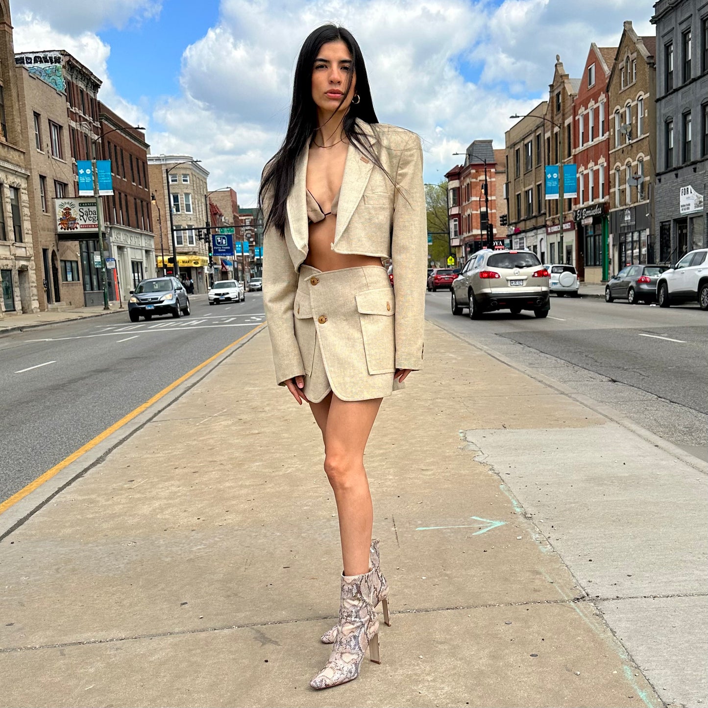 Reworked Vintage Johnny Carson Beige Blazer & Skirt Set