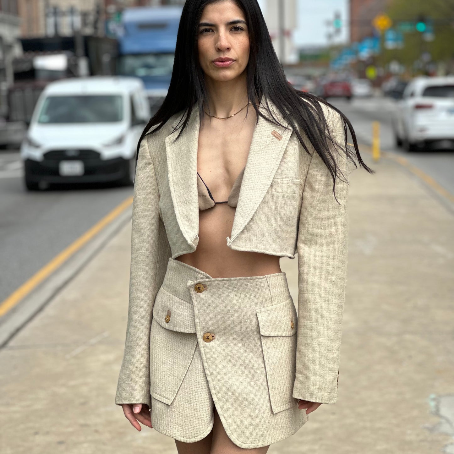 Reworked Vintage Johnny Carson Beige Blazer & Skirt Set