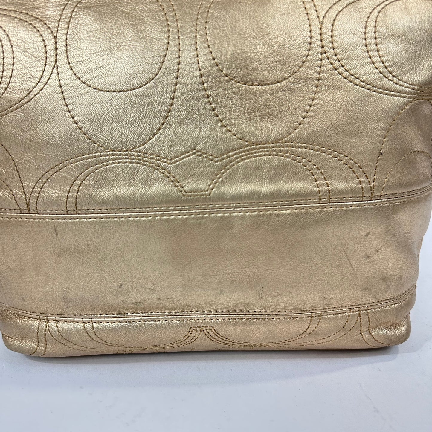 Coach F18877 Gold Metallic Signature Stripe Stitch Leather Tote