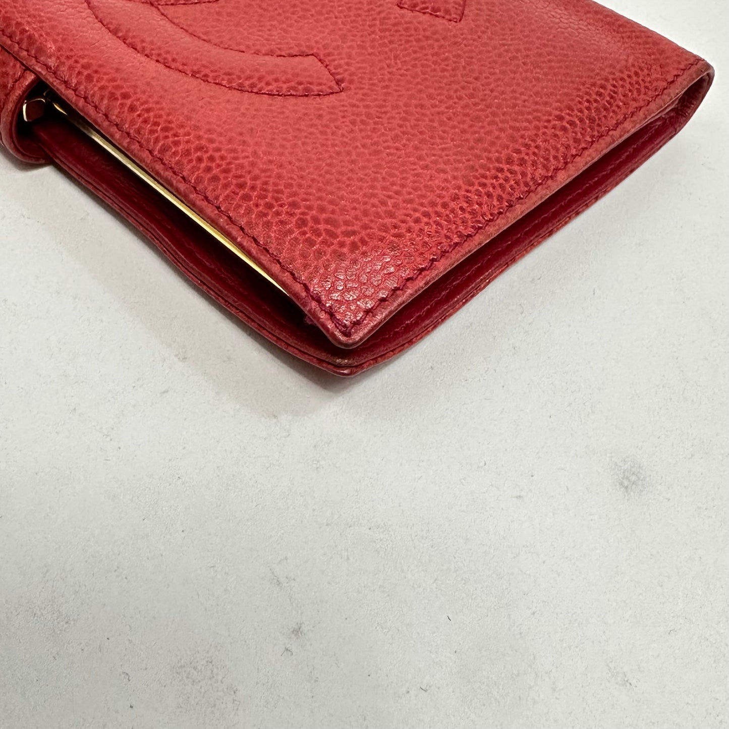 Vintage Chanel Red Caviar Skin Leather Big Coco Mark Long Wallet