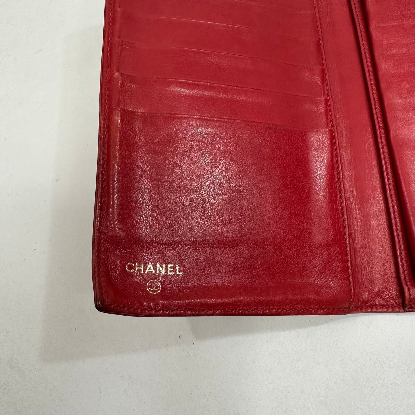 Vintage Chanel Red Caviar Skin Leather Big Coco Mark Long Wallet