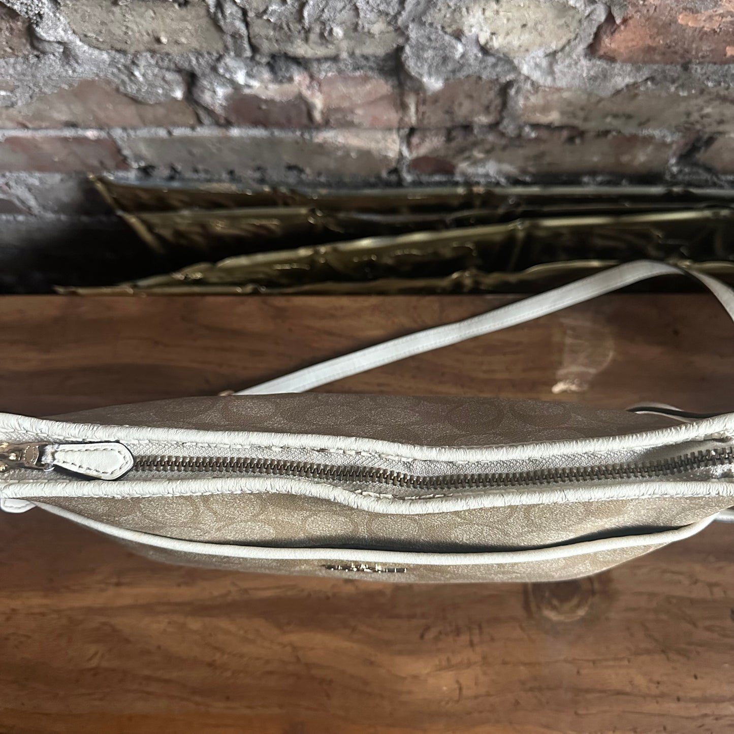 Coach F58297 Cream and Tan Signature File Crossbody Bag