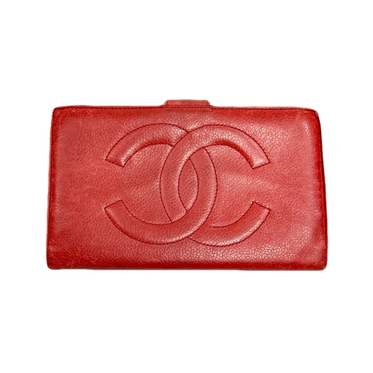 Vintage Chanel Red Caviar Skin Leather Big Coco Mark Long Wallet