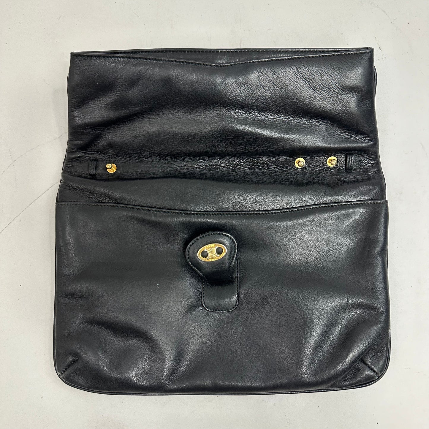 Vintage Celine Triomphe Black Leather Clutch