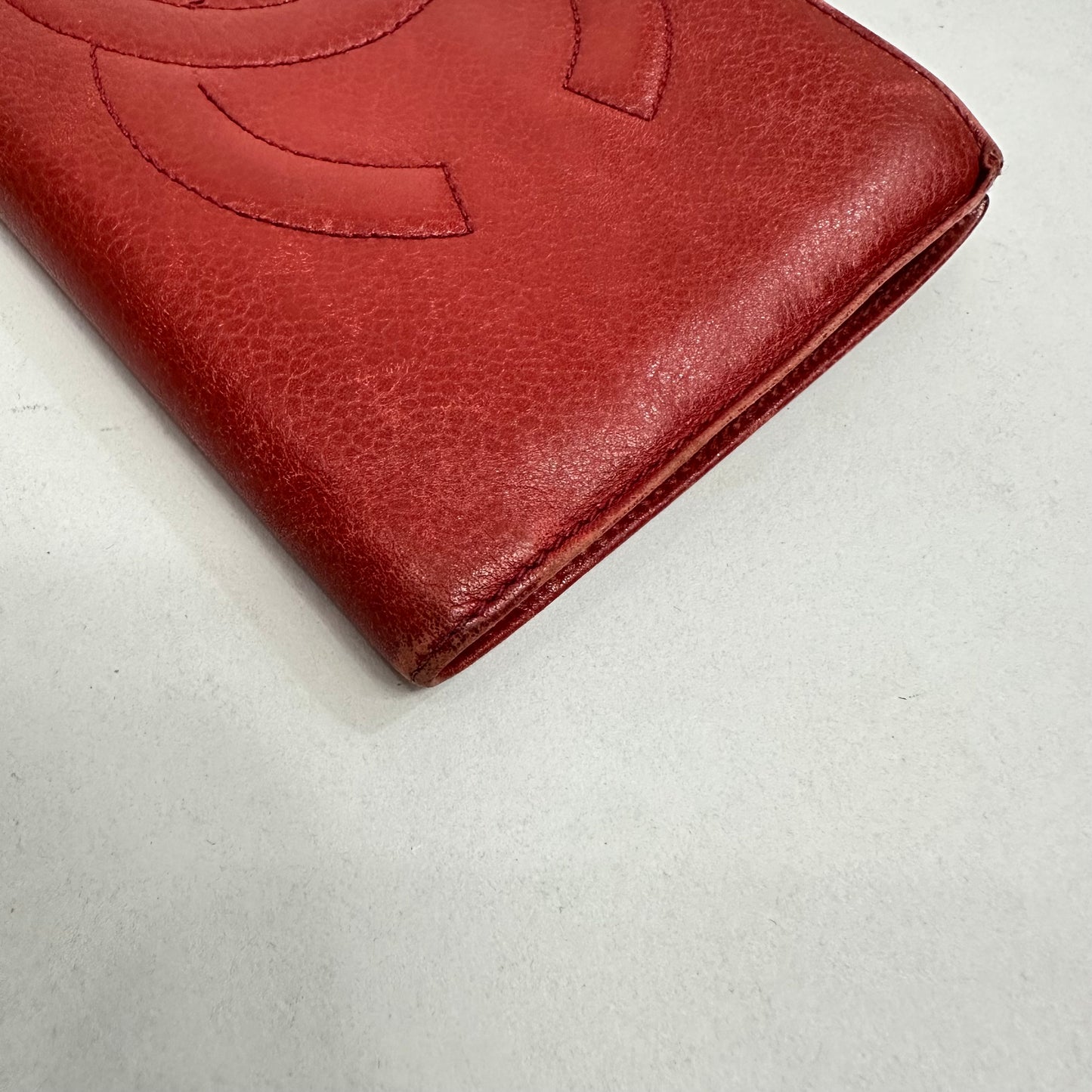 Vintage Chanel Red Caviar Skin Leather Big Coco Mark Long Wallet