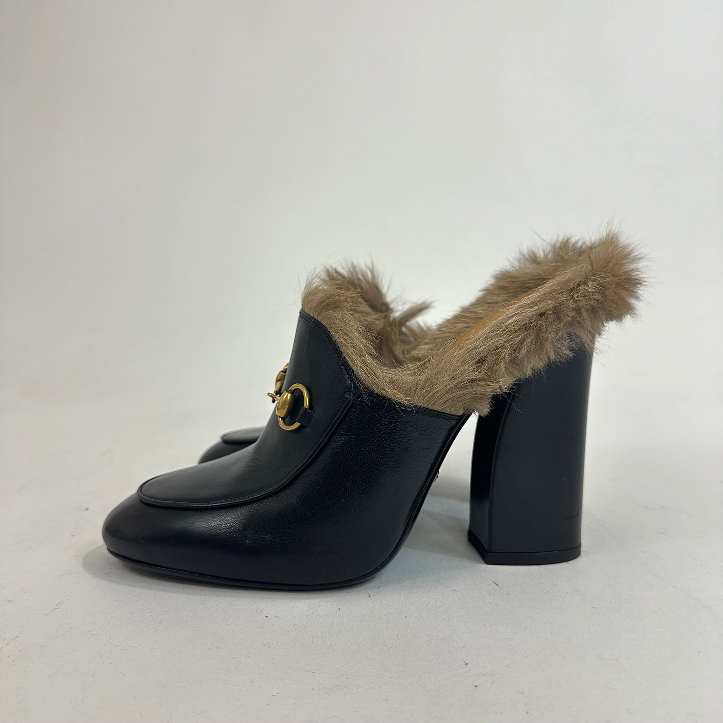 Gucci Princetown Fur Lined High Heel Mules Size 38