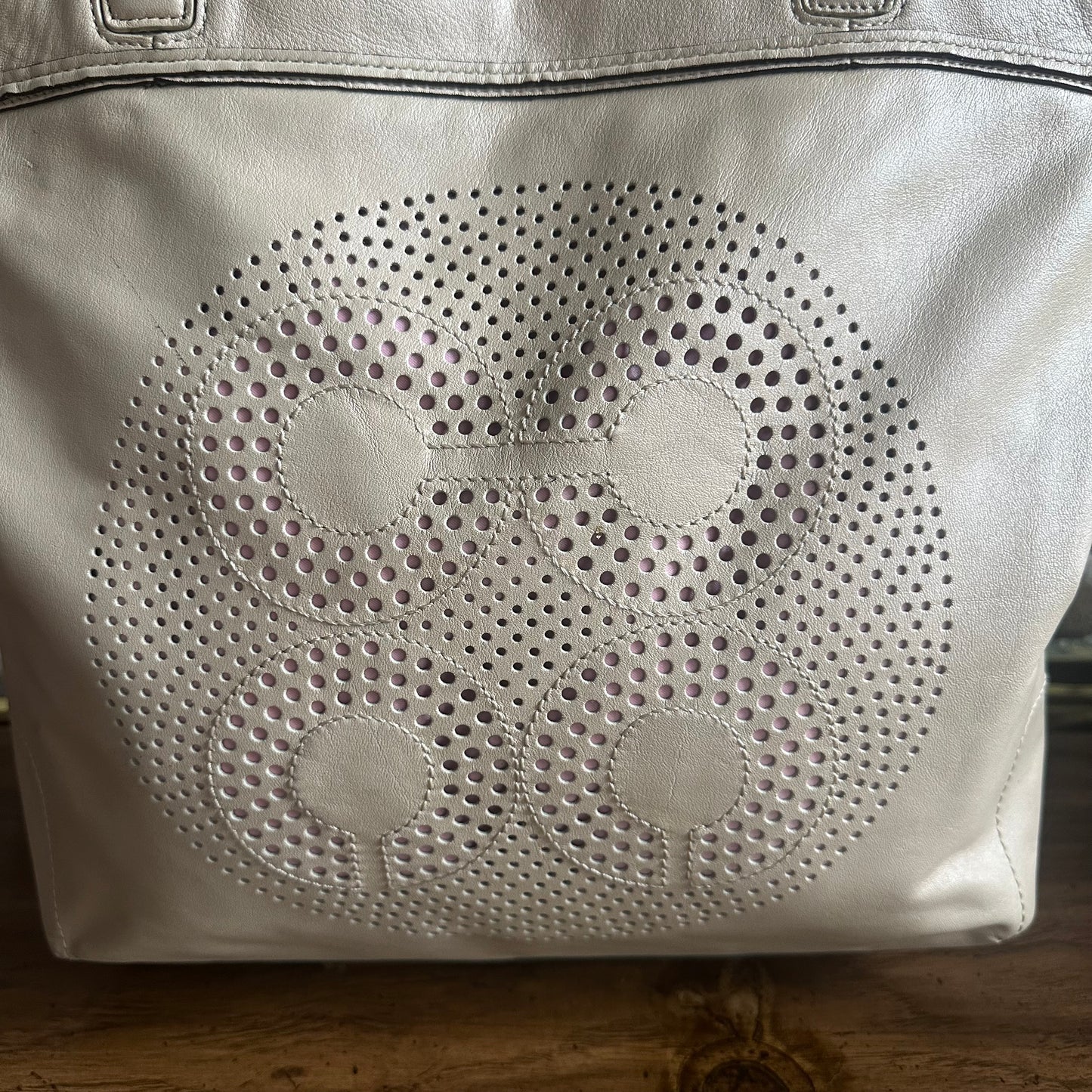 Coach 17041 Audrey Leigh Laser Cut Perforated Beige Leather Tote Bag