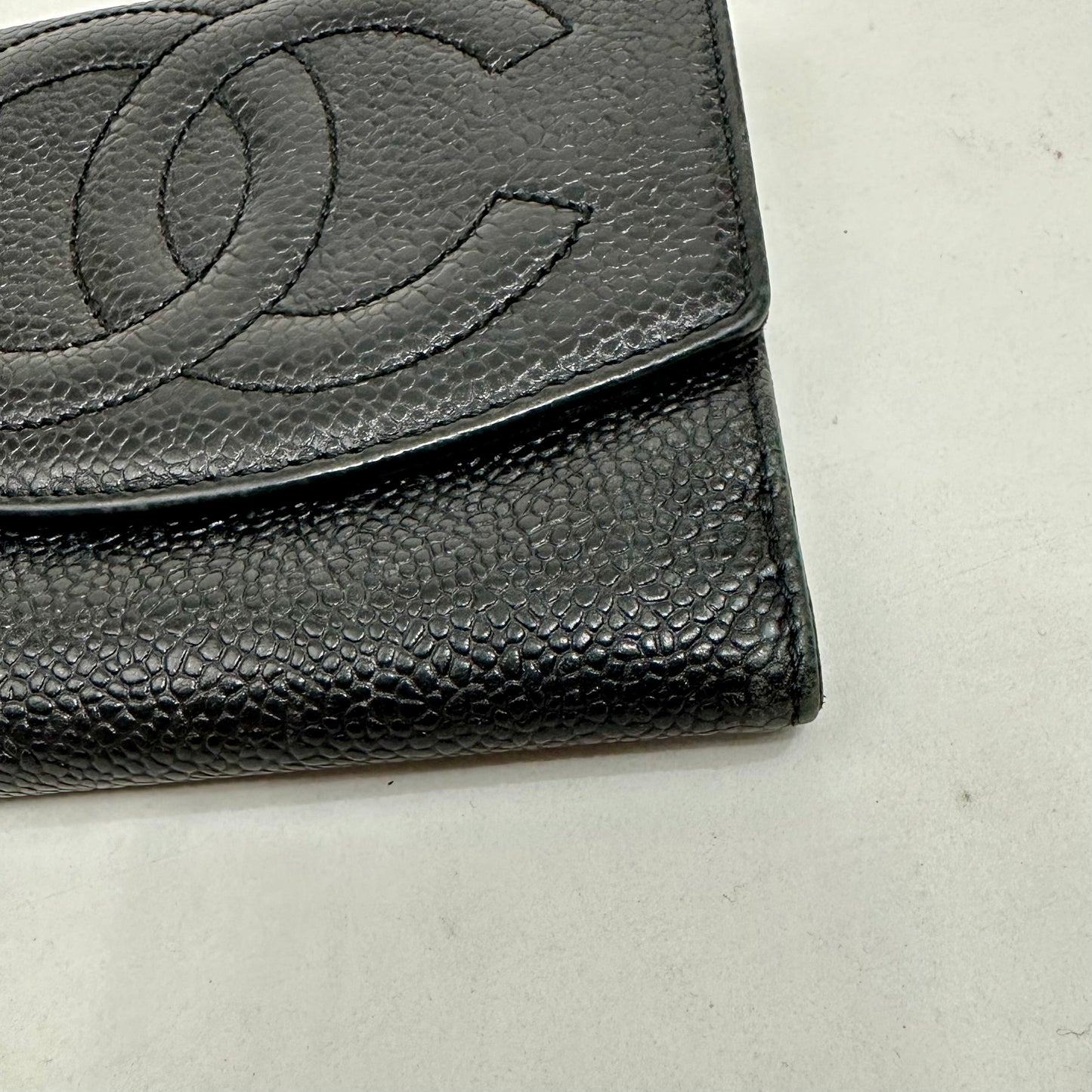 Vintage Chanel Black Caviar Skin Leather Big Coco Mark Bifold Wallet