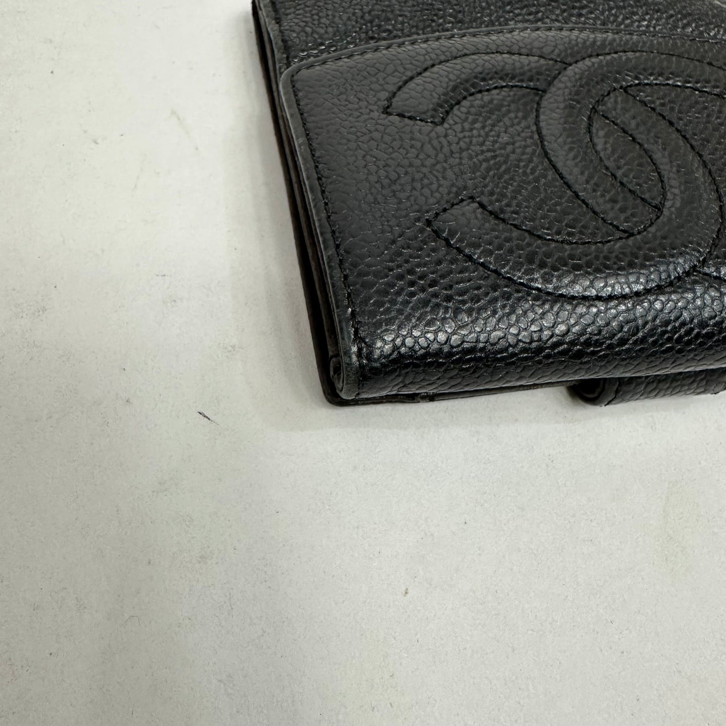 Vintage Chanel Black Caviar Skin Leather Big Coco Mark Bifold Wallet