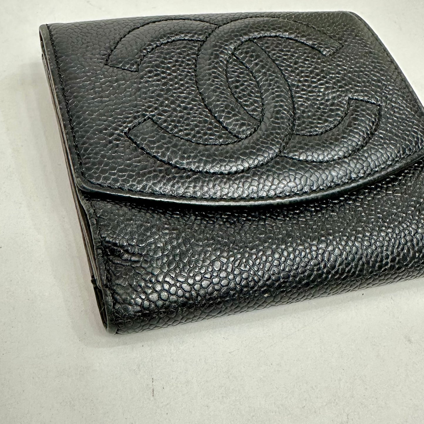 Vintage Chanel Black Caviar Skin Leather Big Coco Mark Bifold Wallet