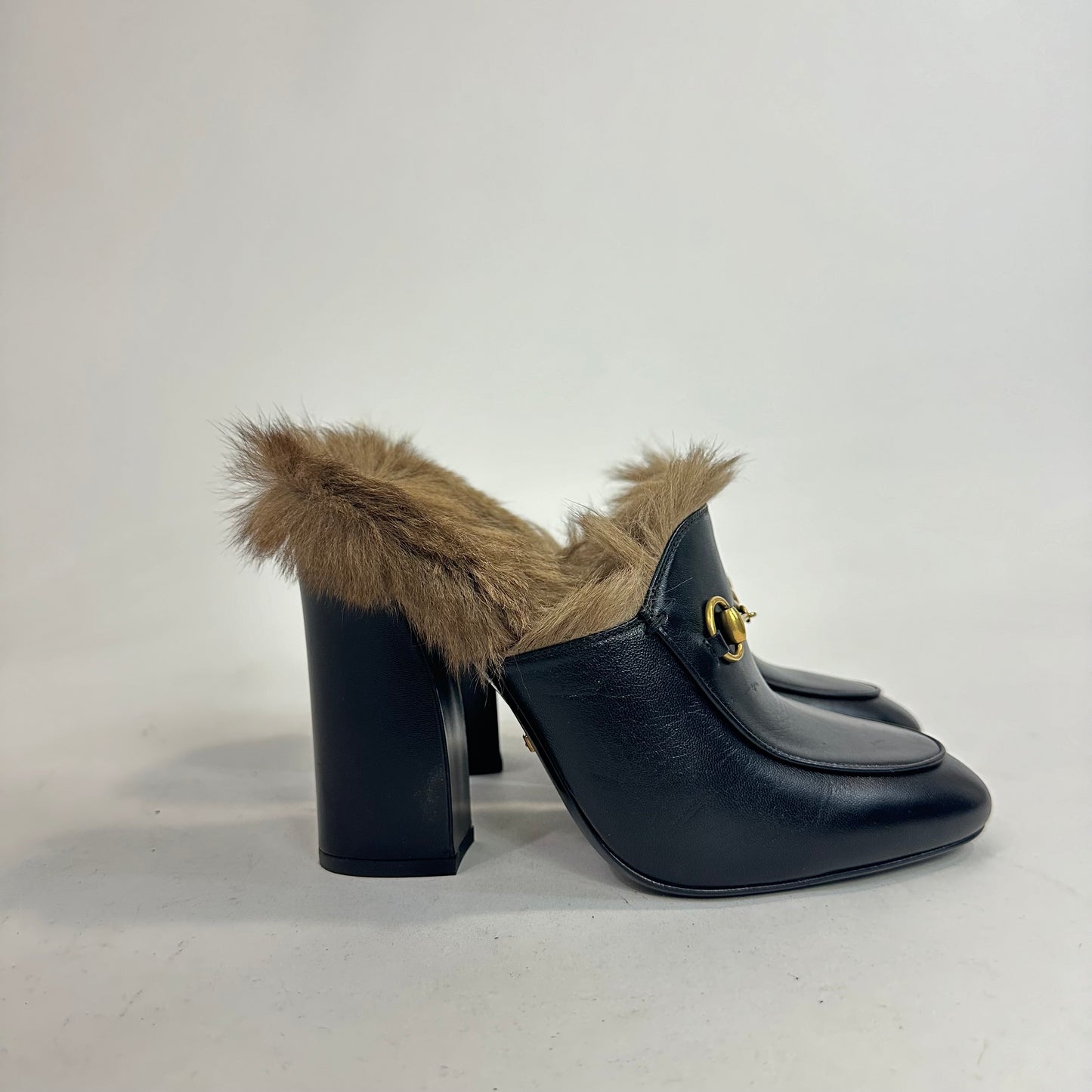 Gucci Princetown Fur Lined High Heel Mules Size 38