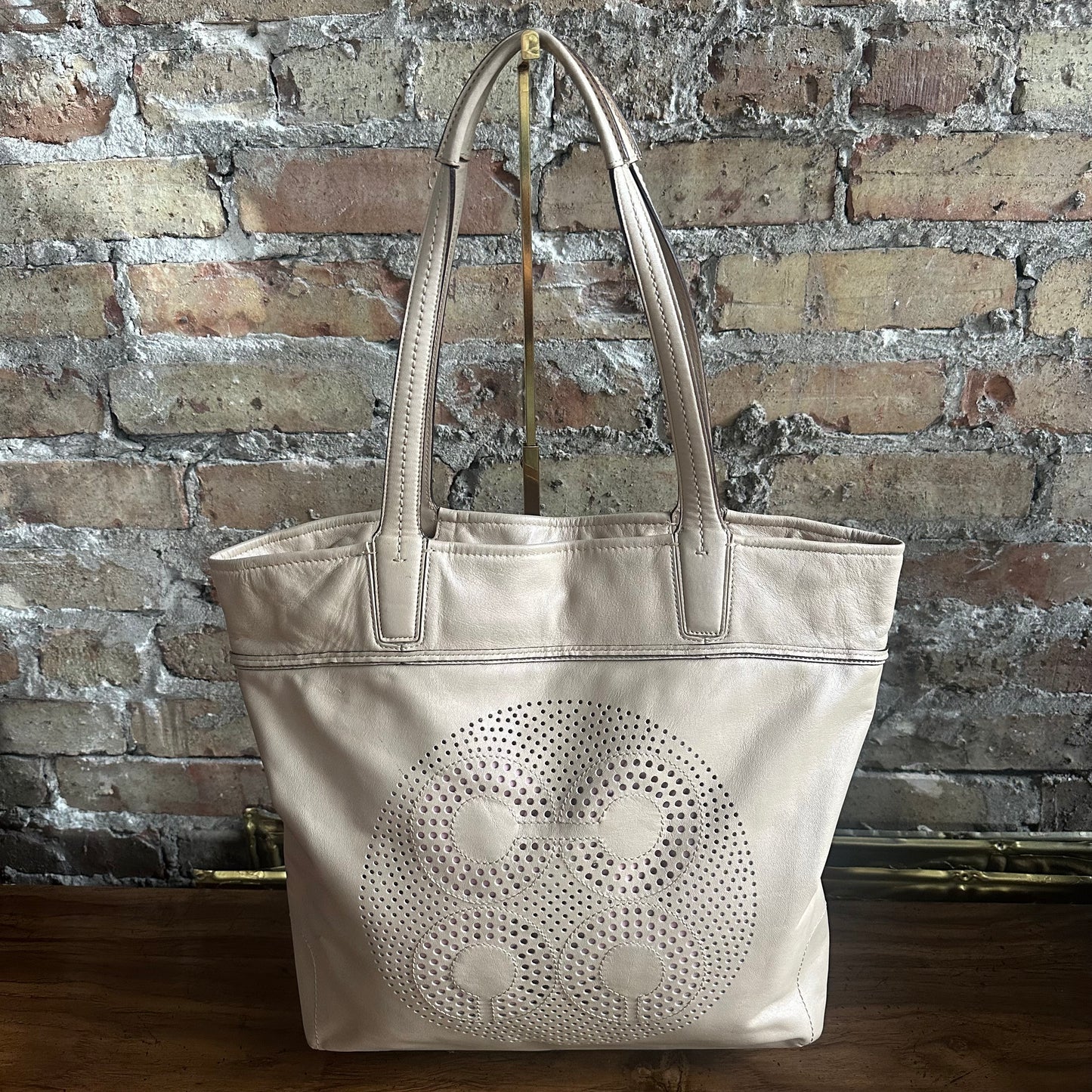 Coach 17041 Audrey Leigh Laser Cut Perforated Beige Leather Tote Bag