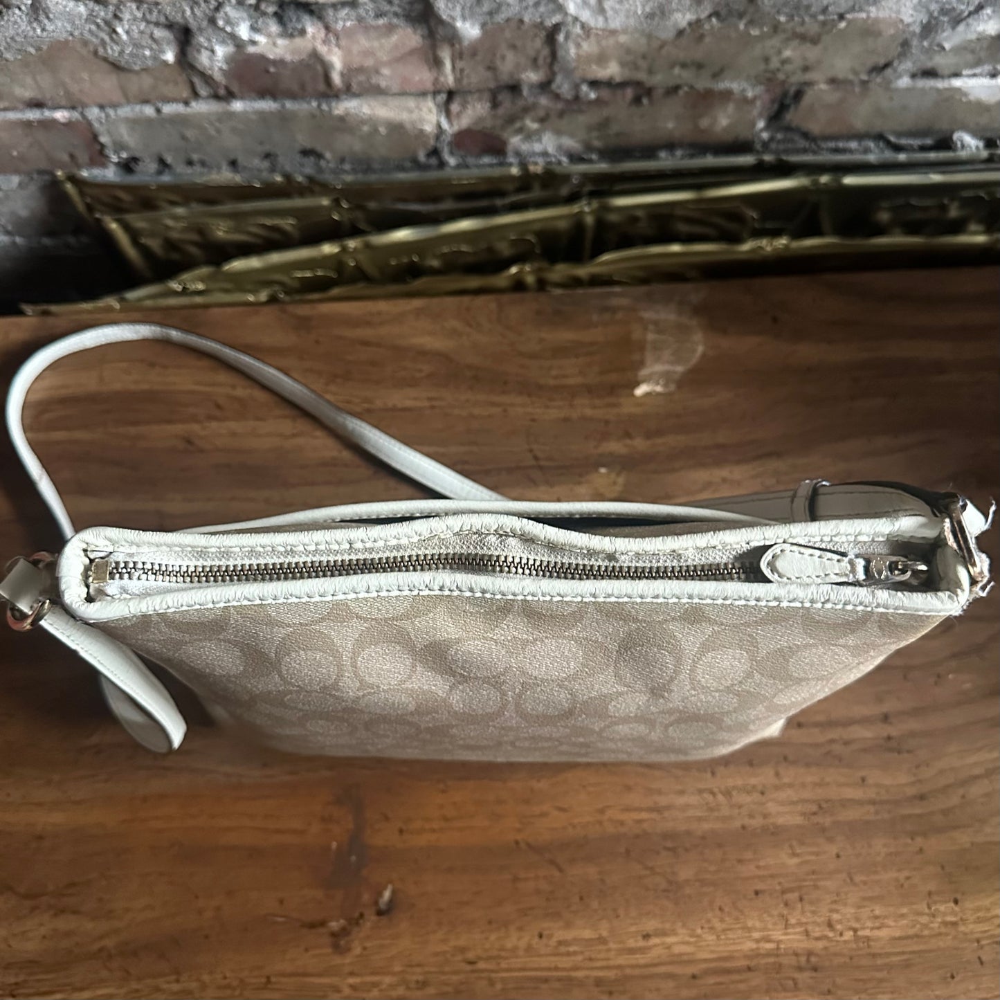 Coach F58297 Cream and Tan Signature File Crossbody Bag