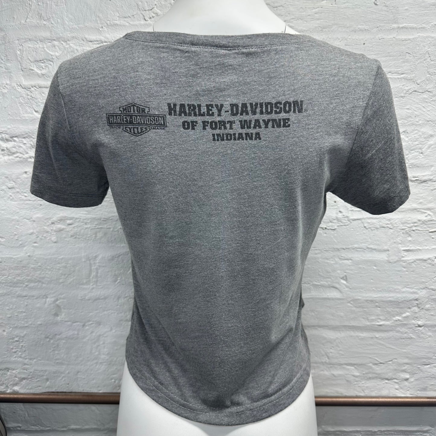 Reworked Harley Davidson Grey Rhinestone Studded Cropped Baby Tee