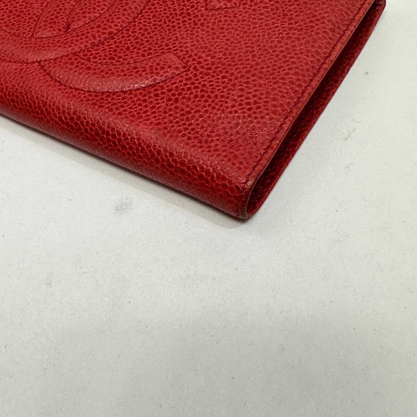 Vintage Chanel Red Caviar Skin Leather Big Coco Mark Long Wallet