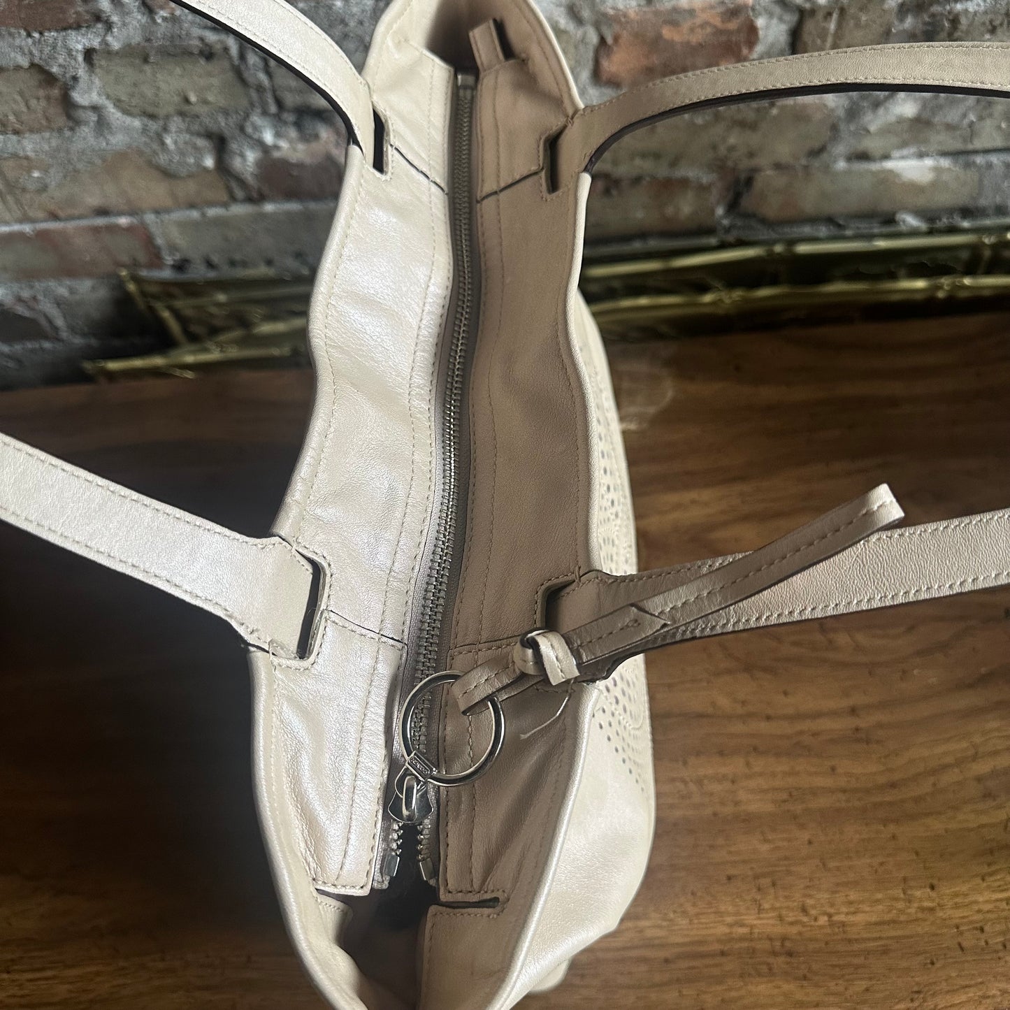 Coach 17041 Audrey Leigh Laser Cut Perforated Beige Leather Tote Bag