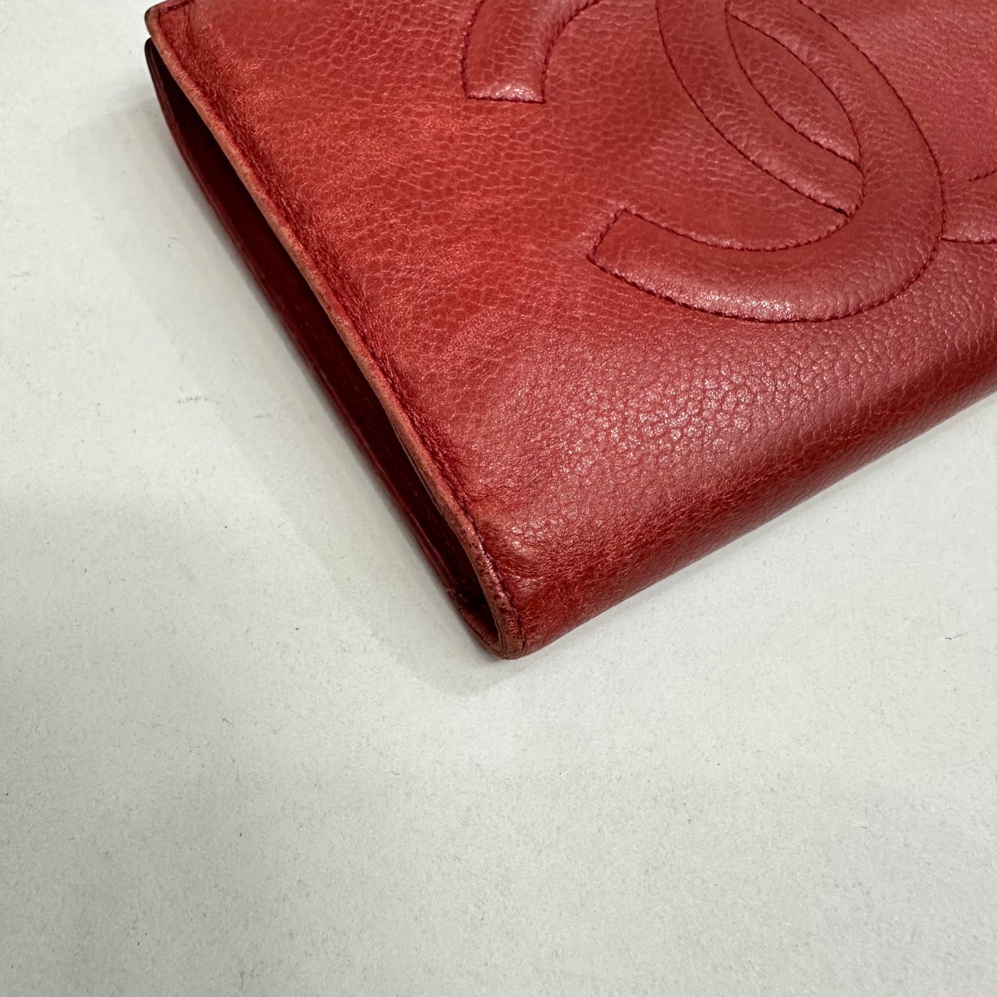 Vintage Chanel Red Caviar Skin Leather Big Coco Mark Long Wallet