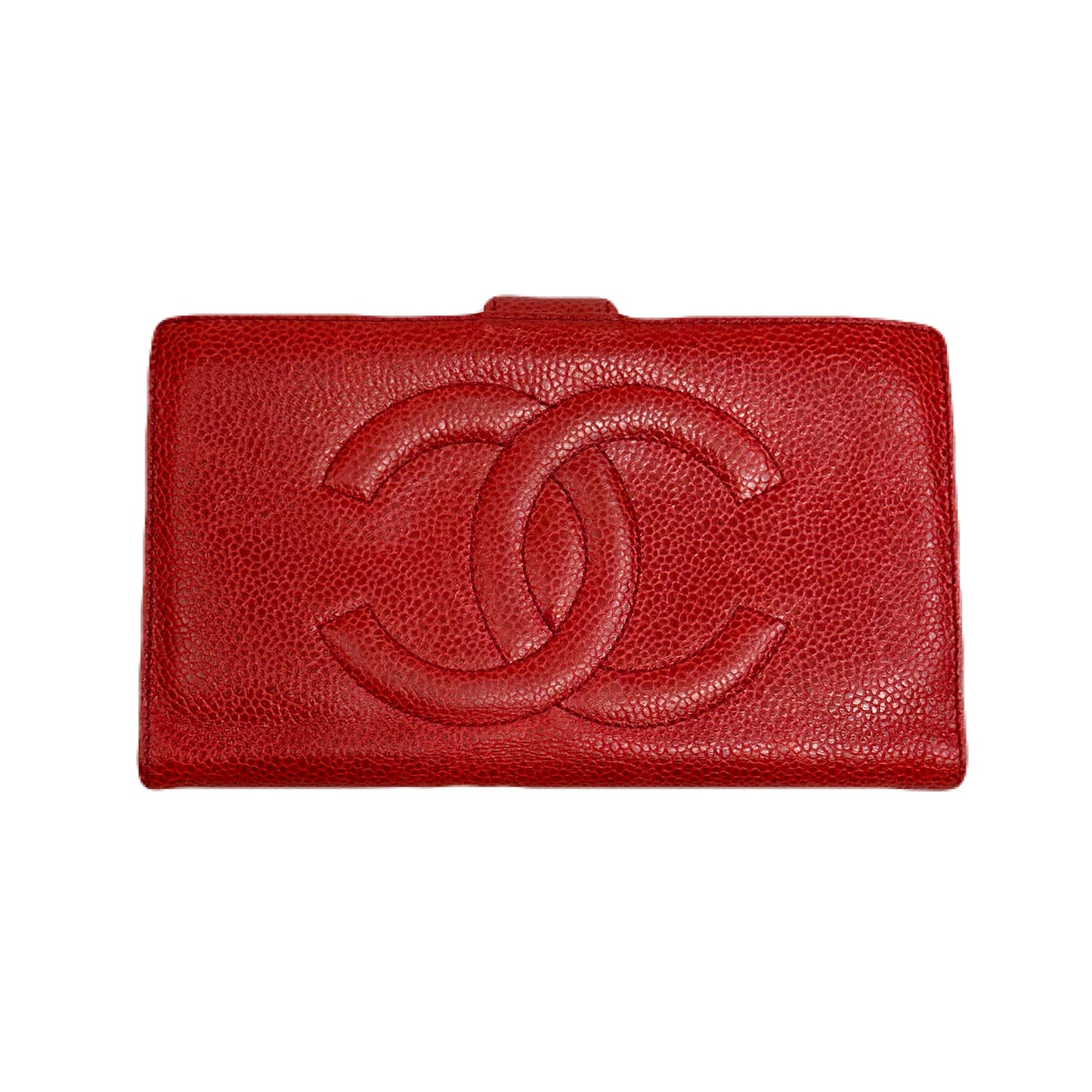 Vintage Chanel Red Caviar Skin Leather Big Coco Mark Long Wallet