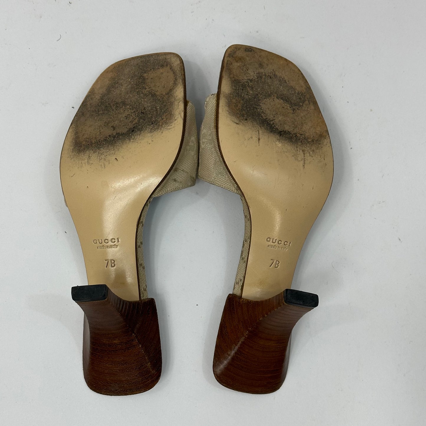 Vintage Gucci Monogram Canvas Wooden Heel Mules