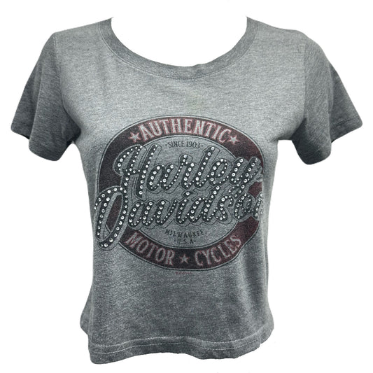 Reworked Harley Davidson Grey Rhinestone Studded Cropped Baby Tee