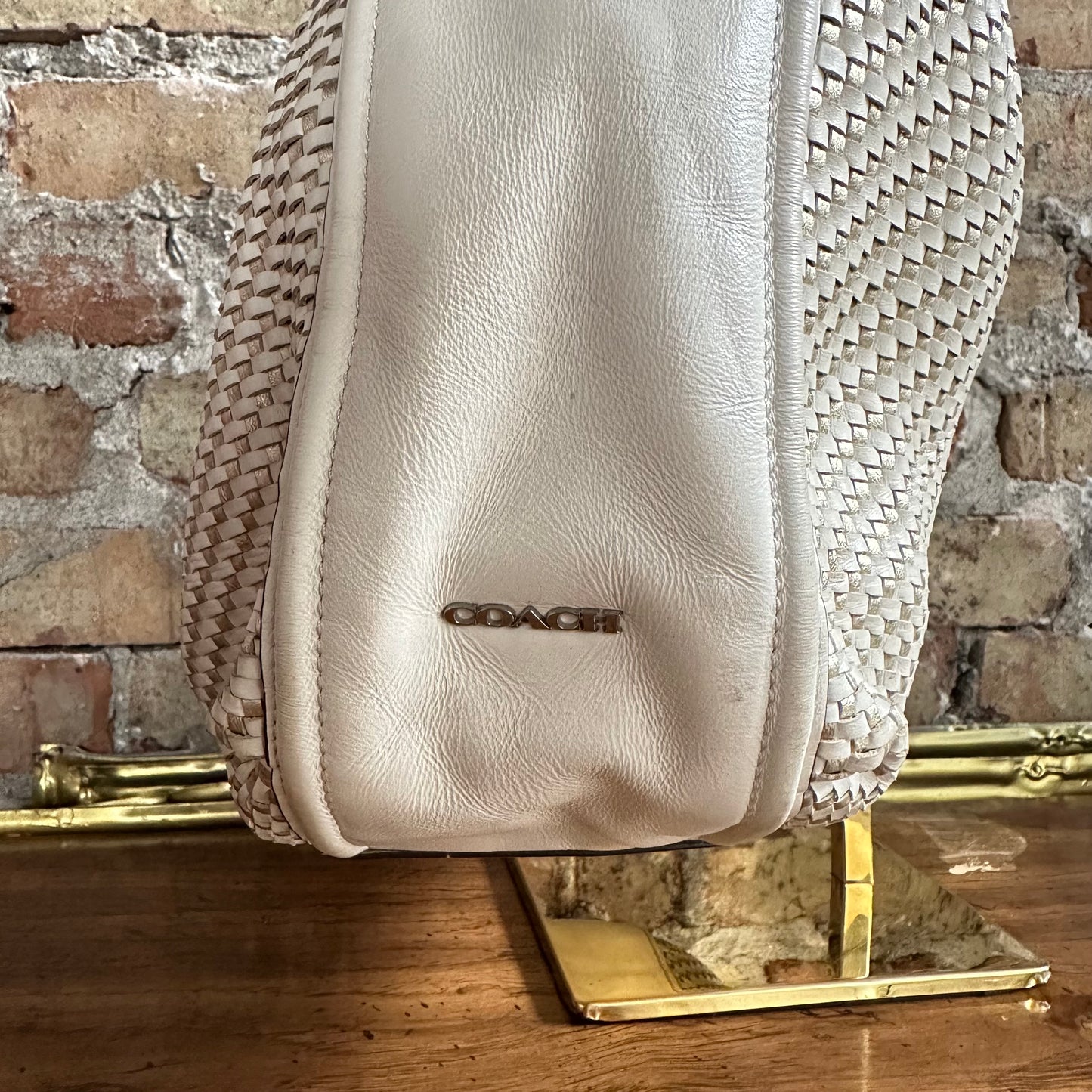 Coach F29894 Park Avery White and Metallic Gold Woven Leather Hobo Bag