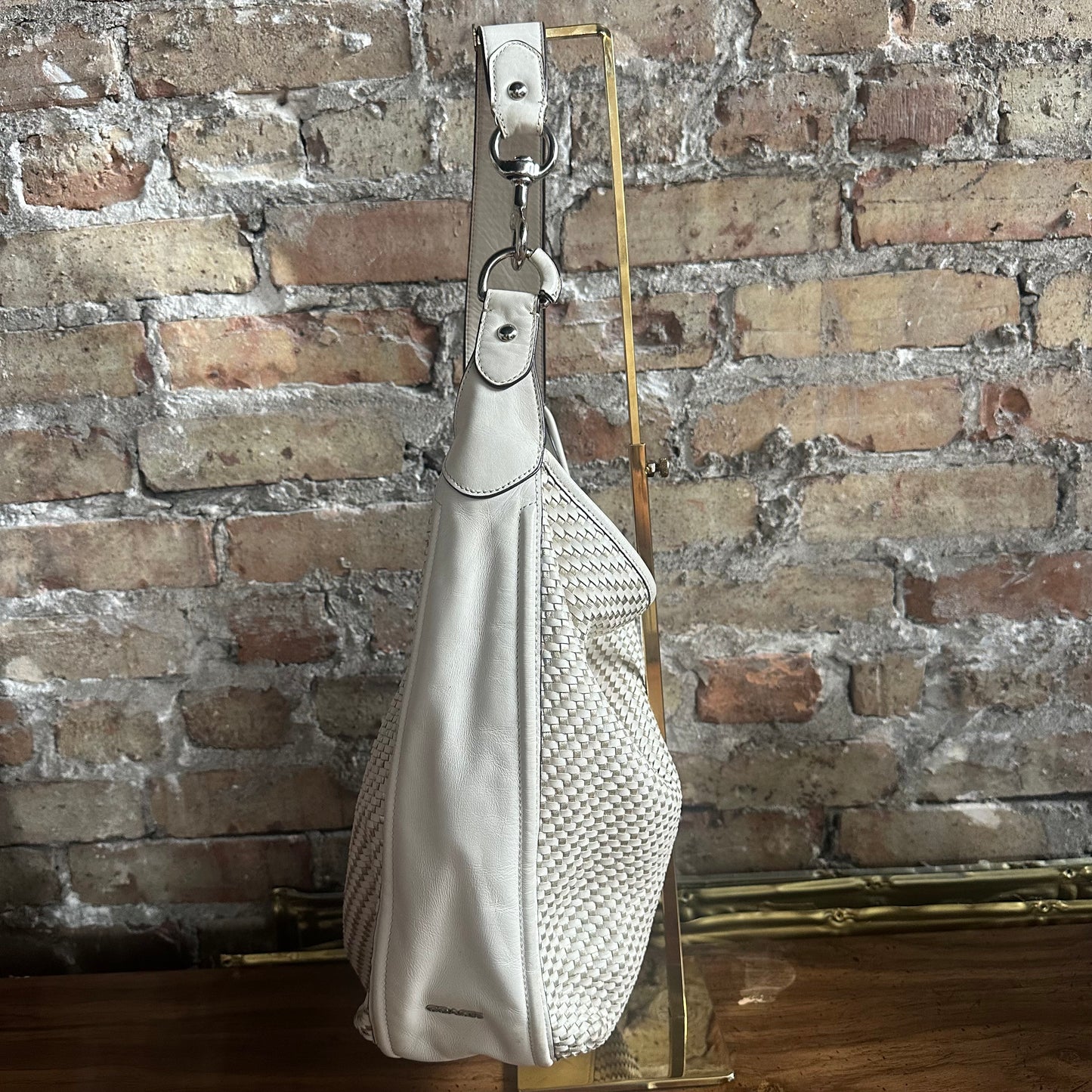 Coach F29894 Park Avery White and Metallic Gold Woven Leather Hobo Bag
