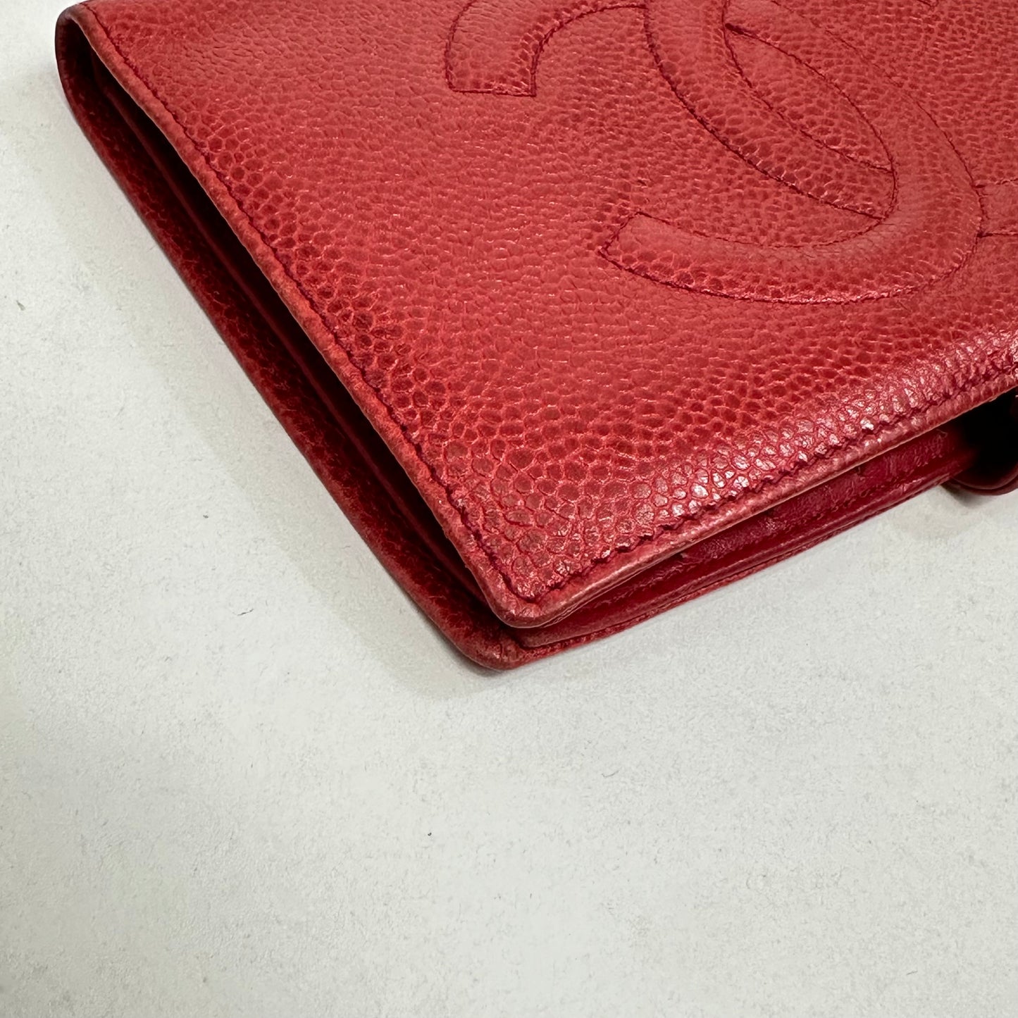 Vintage Chanel Red Caviar Skin Leather Big Coco Mark Long Wallet