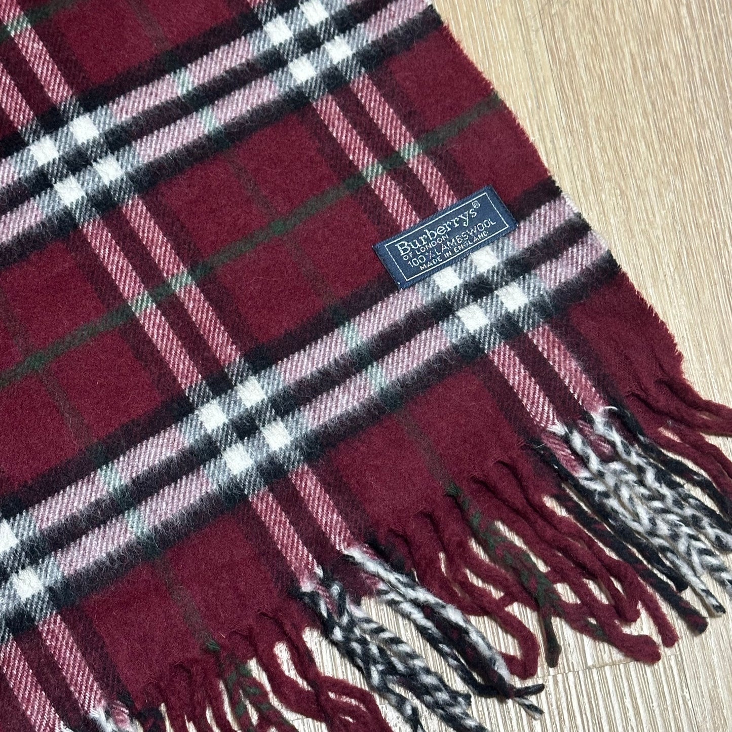 Vintage 90's Burberry Maroon Nova Check Wool Scarf