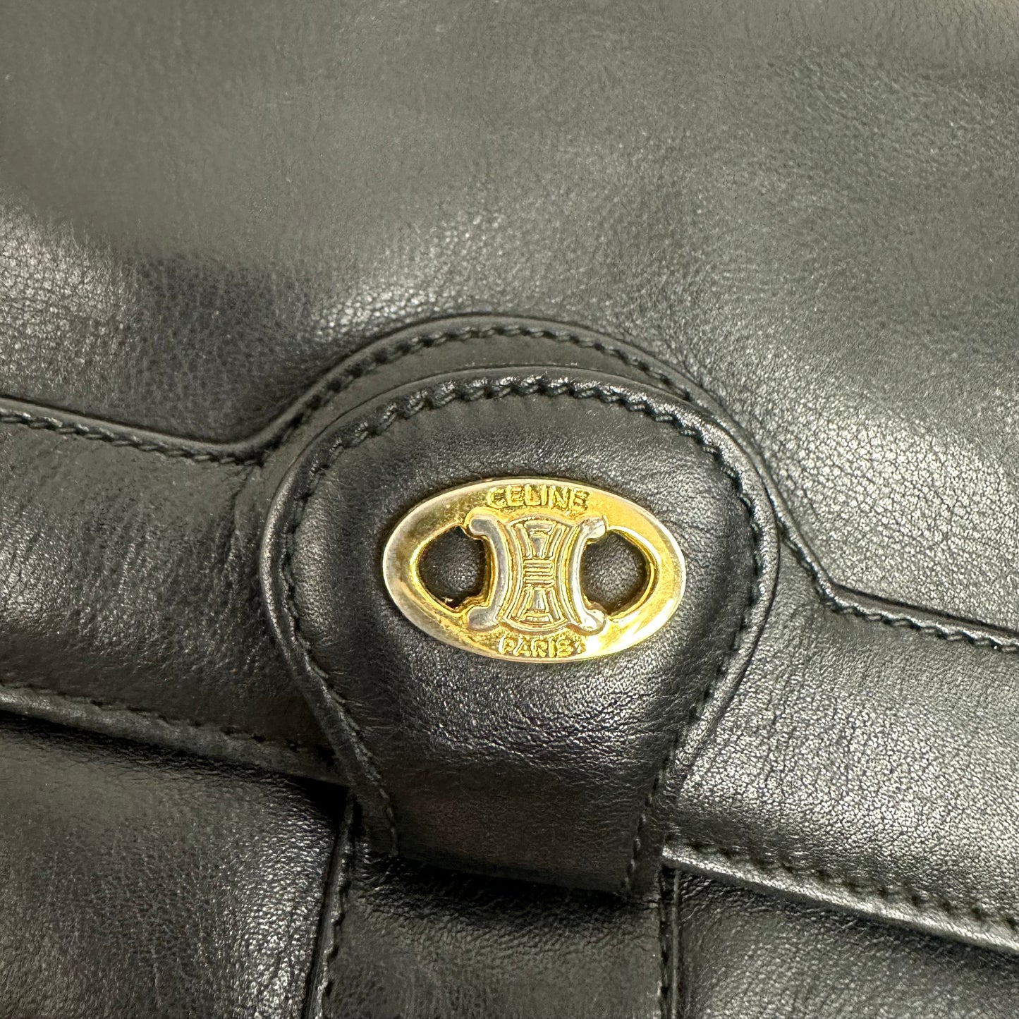 Vintage Celine Triomphe Black Leather Clutch