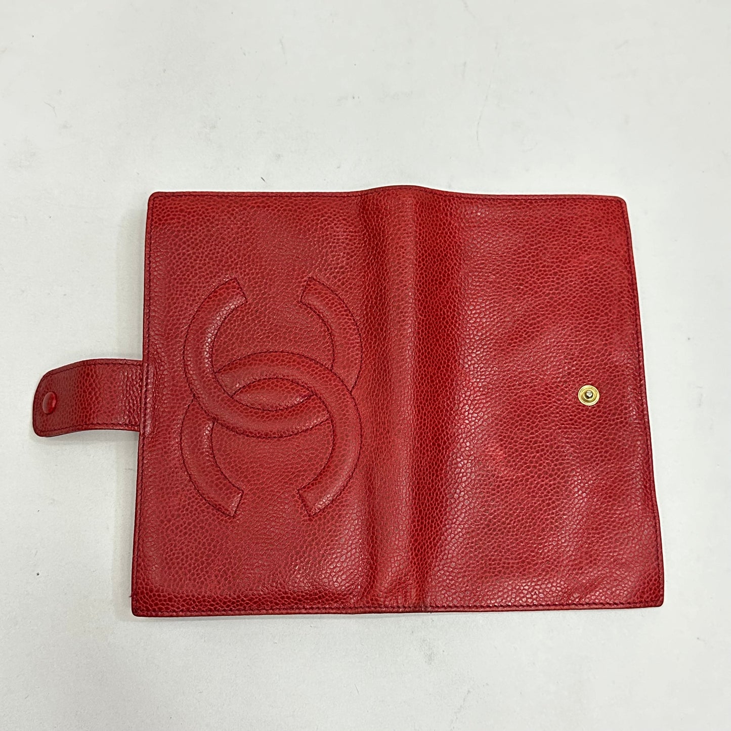 Vintage Chanel Red Caviar Skin Leather Big Coco Mark Long Wallet