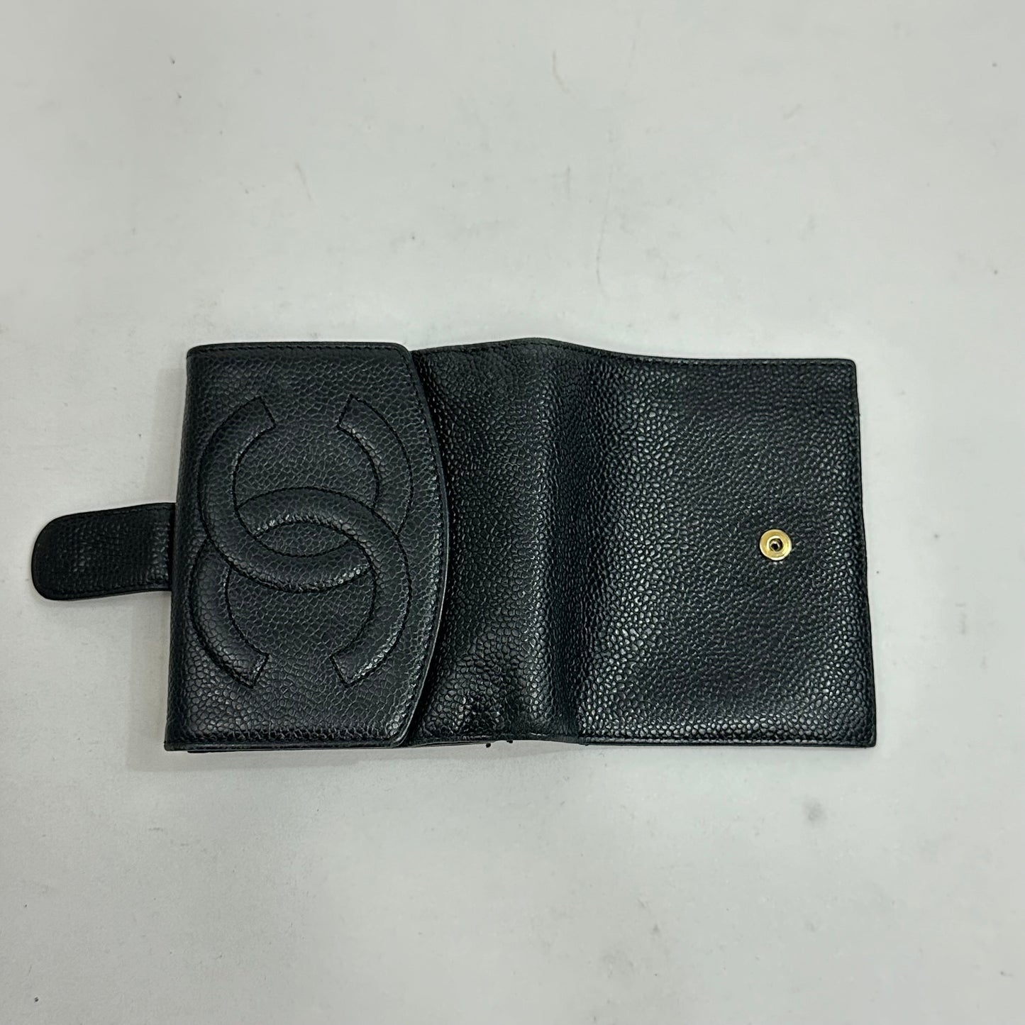 Vintage Chanel Black Caviar Skin Leather Big Coco Mark Bifold Wallet