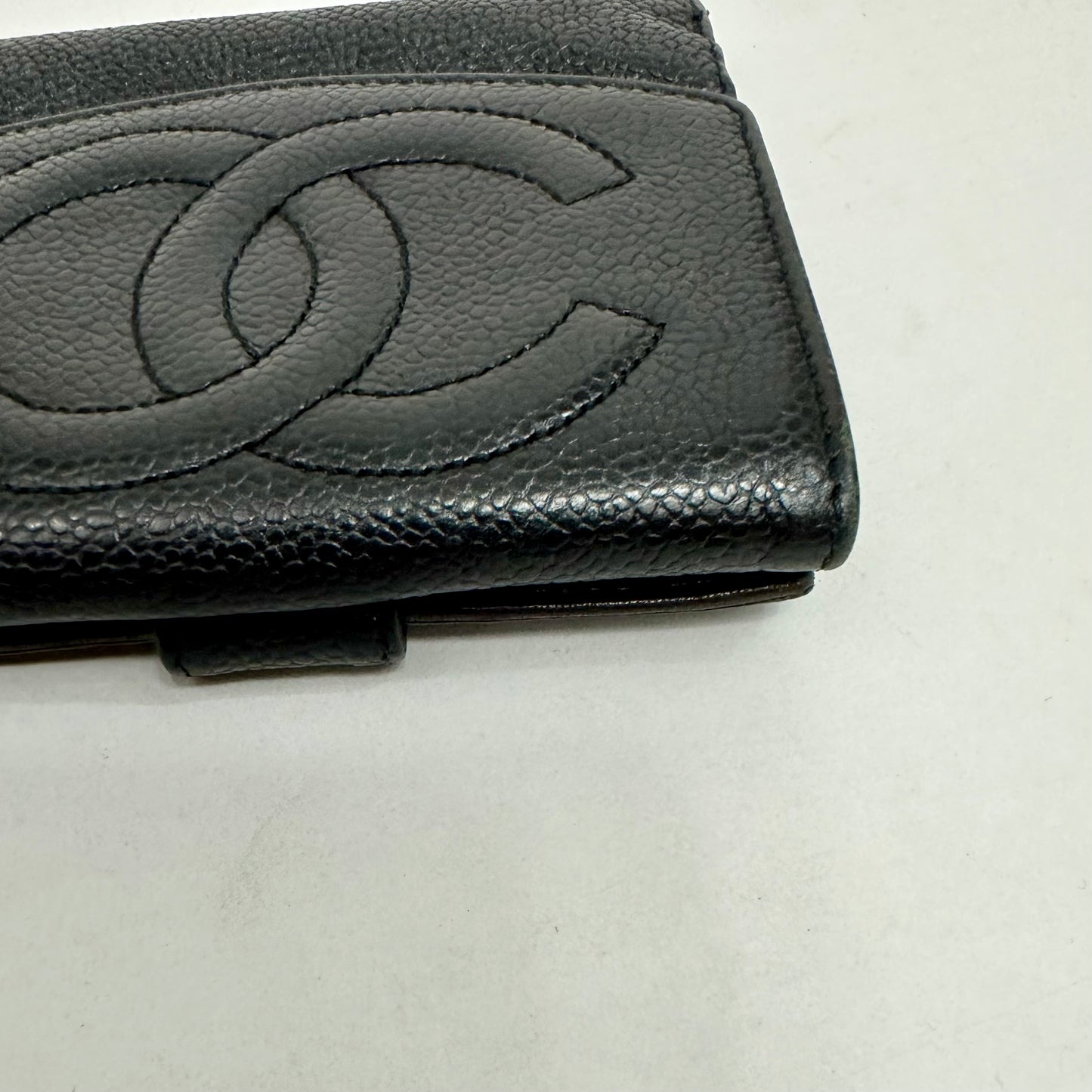 Vintage Chanel Black Caviar Skin Leather Big Coco Mark Bifold Wallet