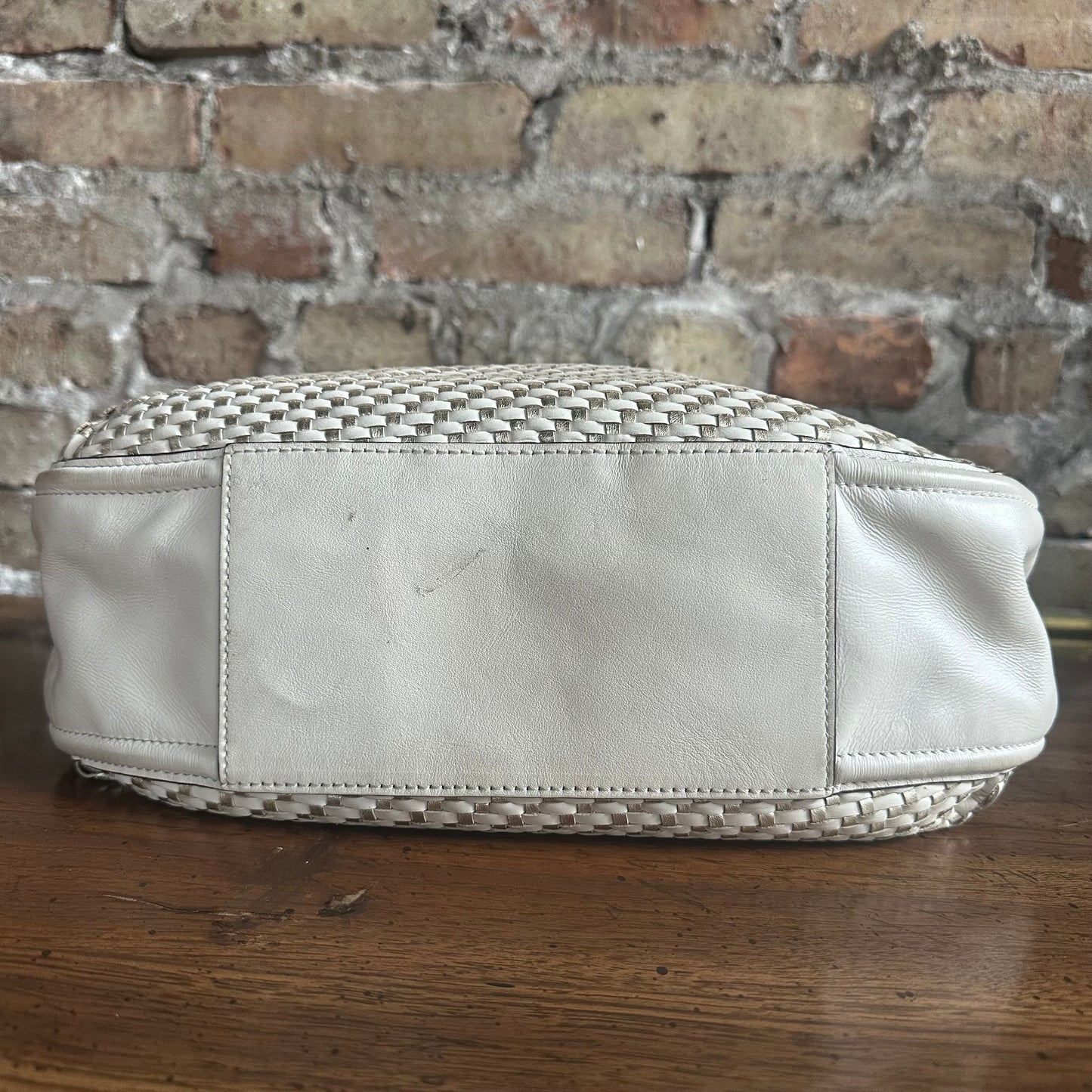 Coach F29894 Park Avery White and Metallic Gold Woven Leather Hobo Bag