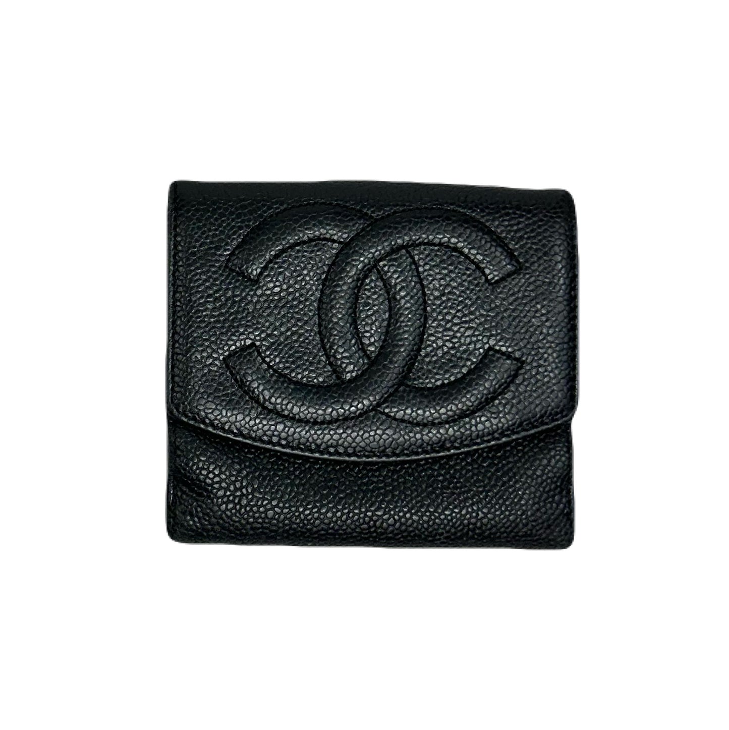 Vintage Chanel Black Caviar Skin Leather Big Coco Mark Bifold Wallet