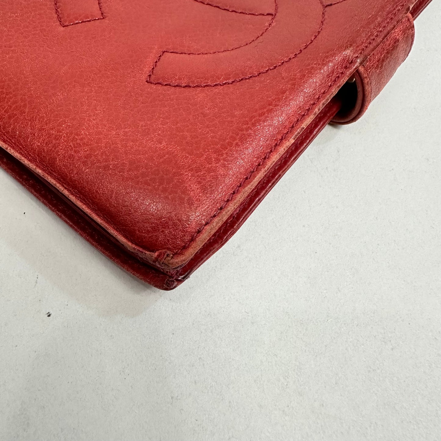 Vintage Chanel Red Caviar Skin Leather Big Coco Mark Long Wallet