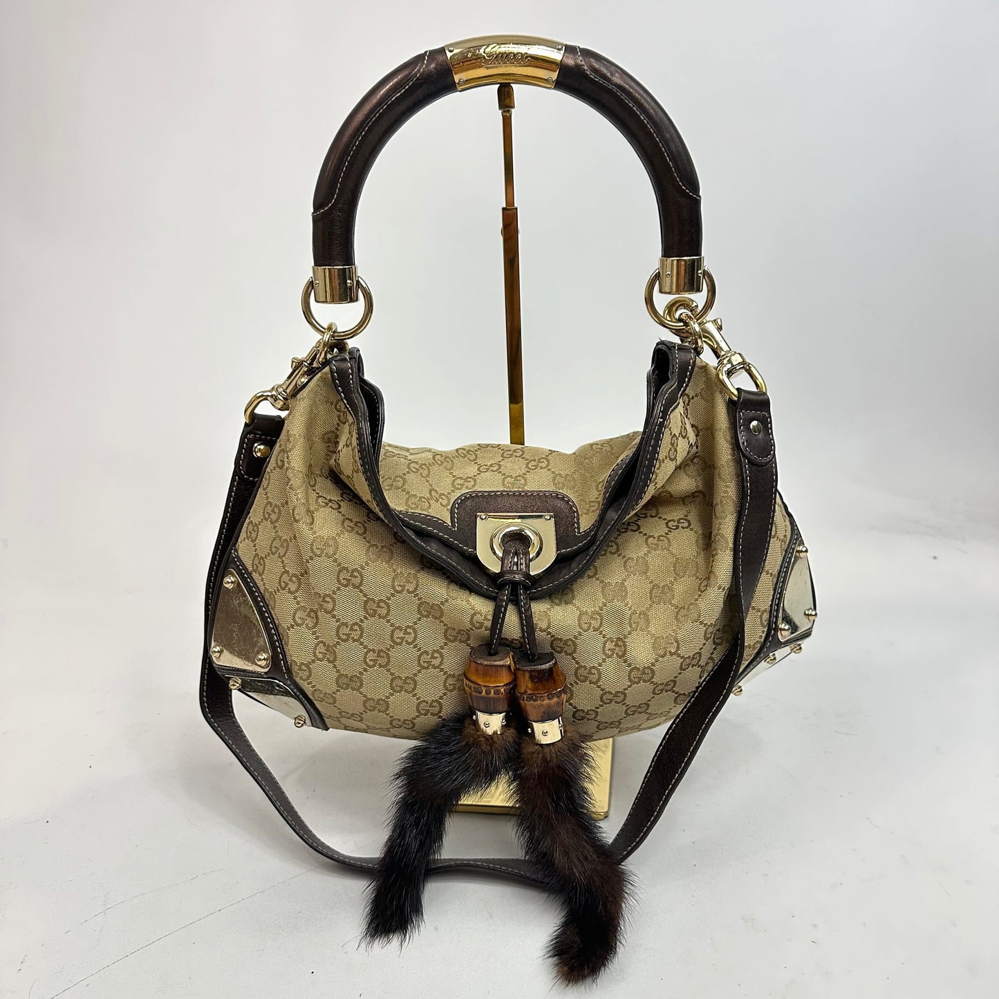 Vintage Gucci Monogram Canvas Mink Indy Hobo Bag