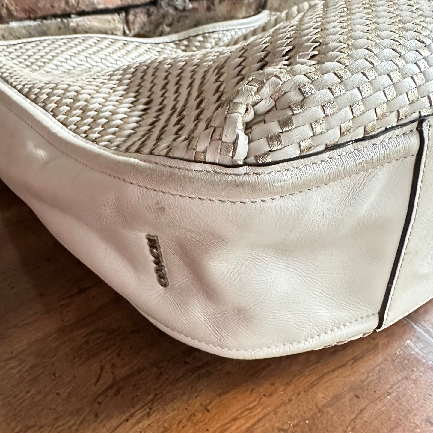 Coach F29894 Park Avery White and Metallic Gold Woven Leather Hobo Bag
