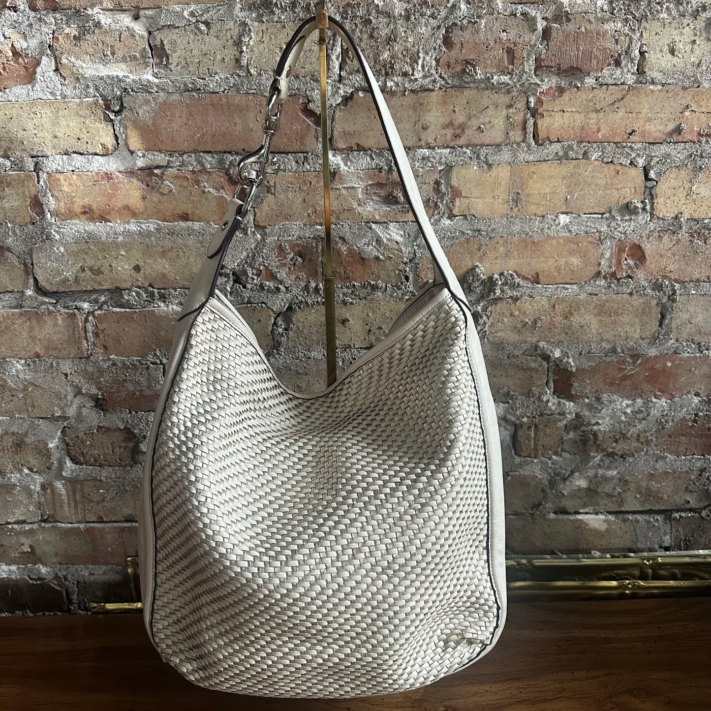 Coach F29894 Park Avery White and Metallic Gold Woven Leather Hobo Bag