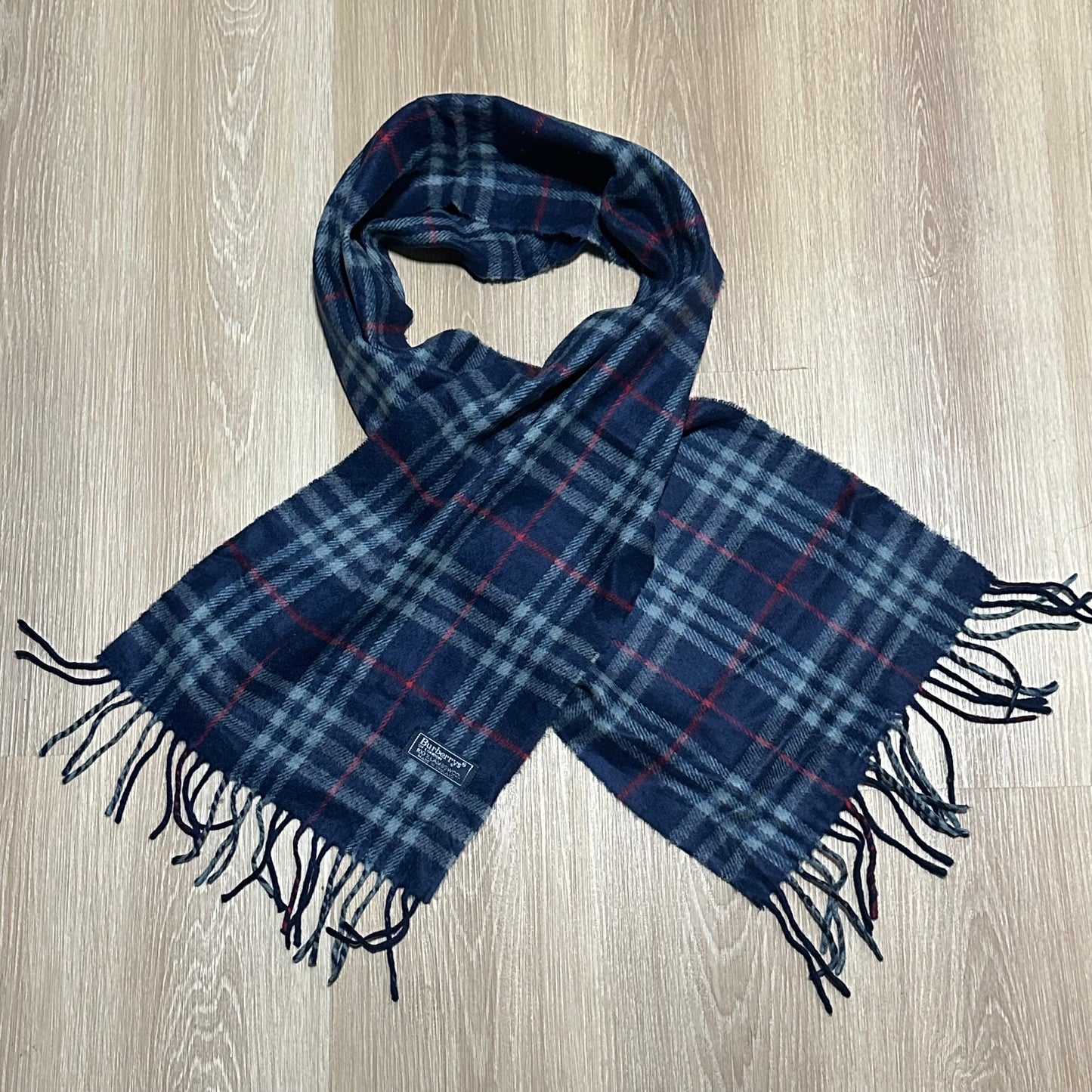 Vintage 90's Burberry Navy Blue Nova Check Wool Scarf