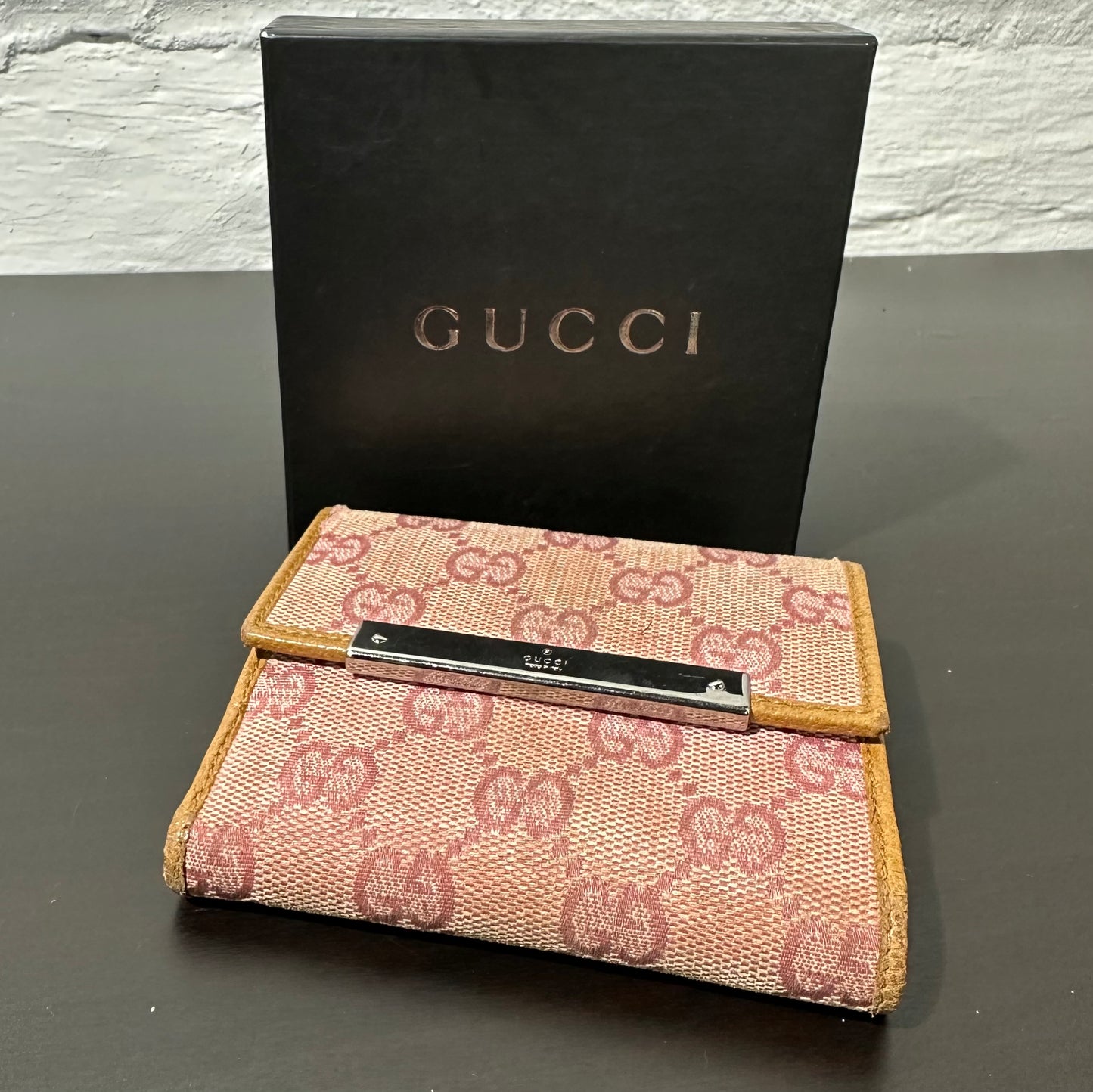 Gucci Pink Monogram Canvas and Leather Bifold Wallet With Box
