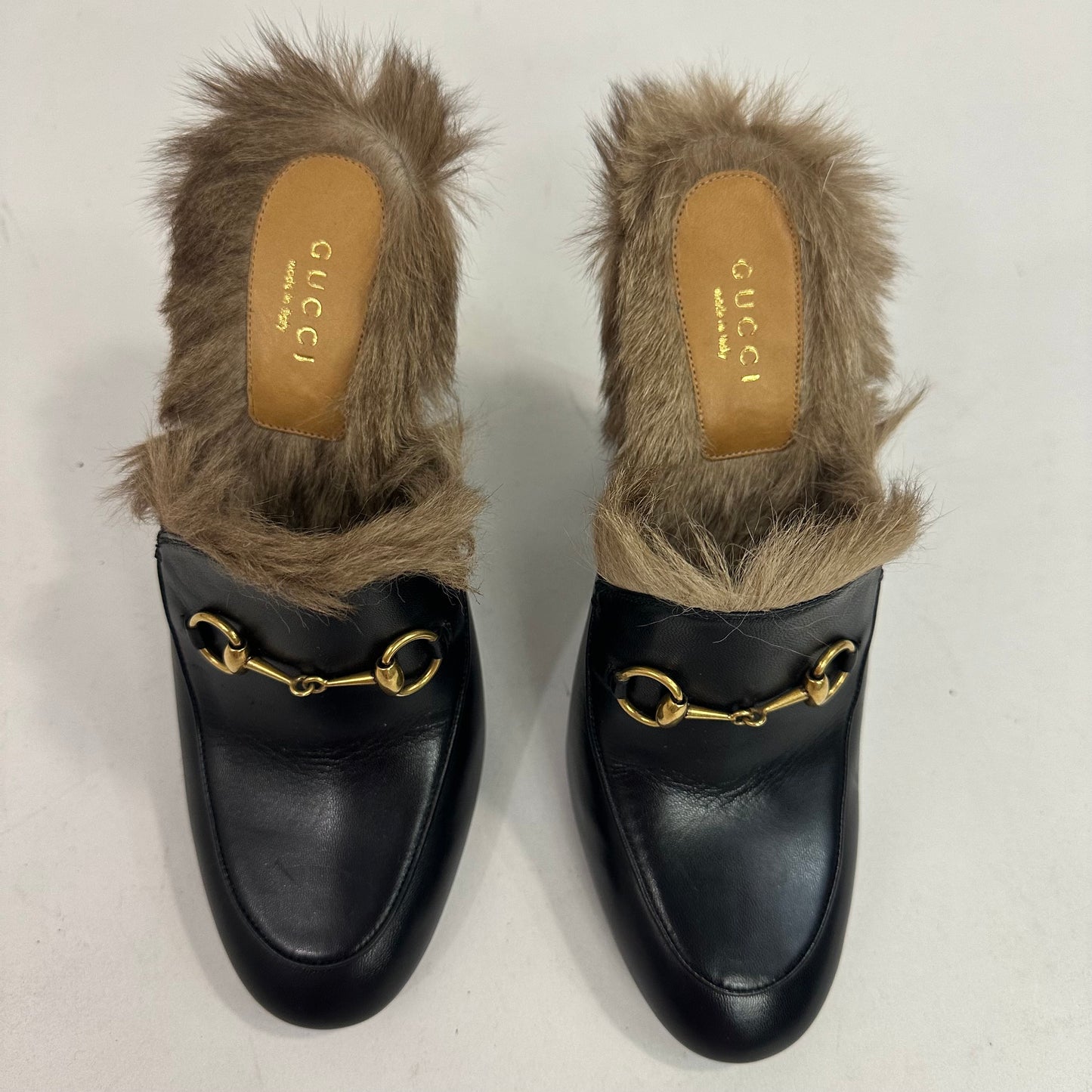 Gucci Princetown Fur Lined High Heel Mules Size 38