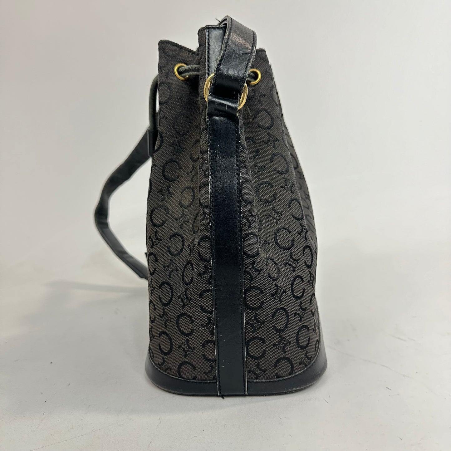 Vintage Celine Monogram Black Canvas and Leather Drawstring Bucket Bag